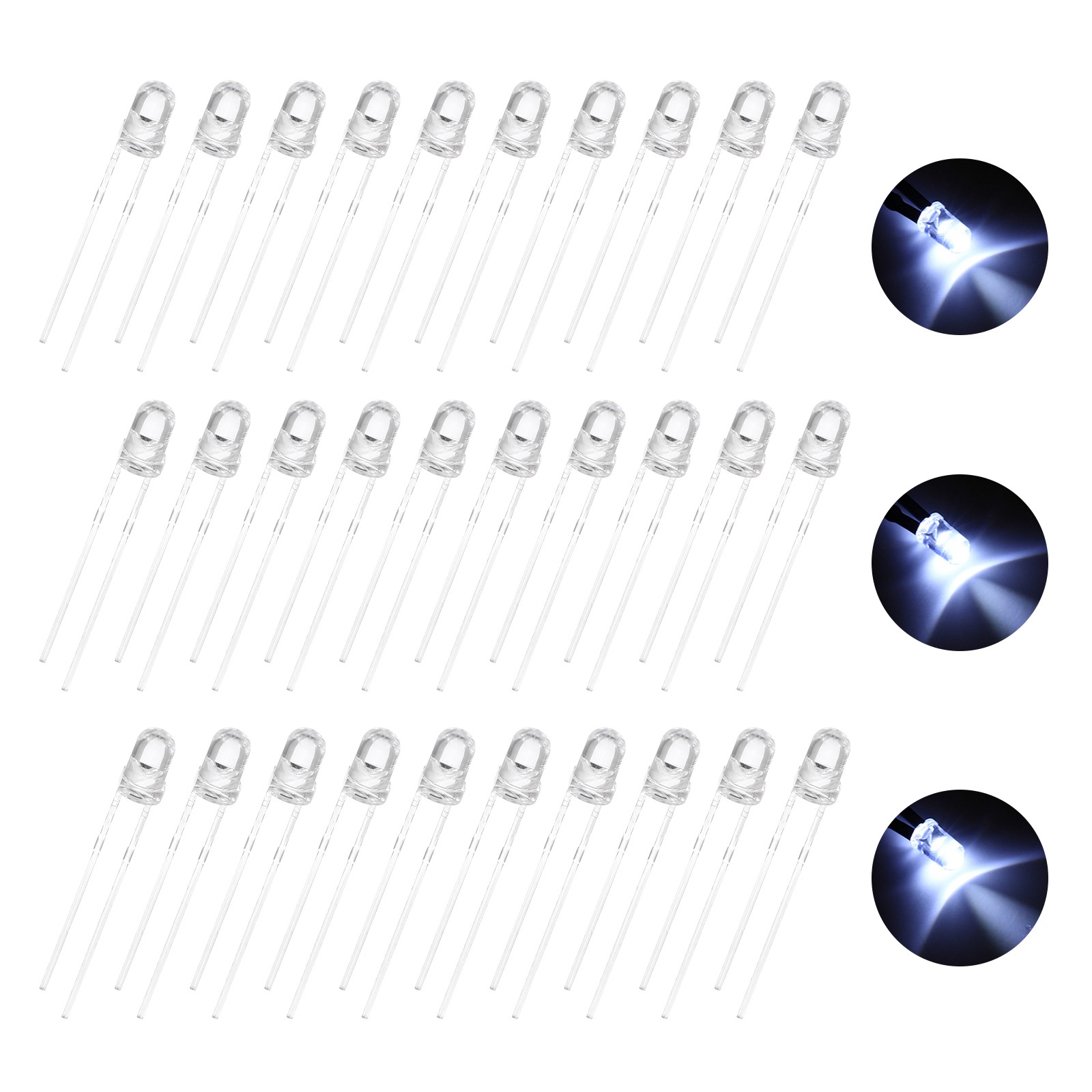 100pcs 3mm LED Diode Lights, White Round Transparent DC 3.0-3.2V