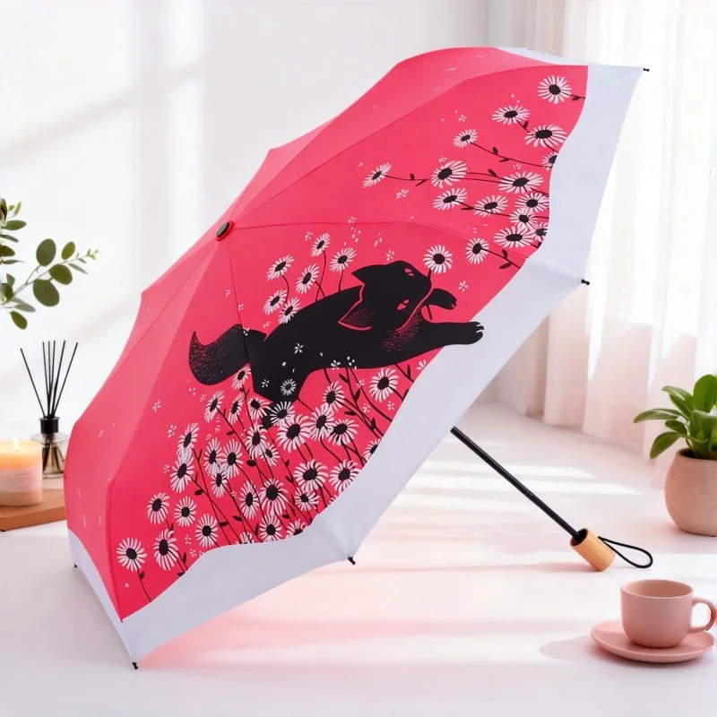 Wooden handle folding umbrella chrysanthemum and Black Cat creative UV proof stu
