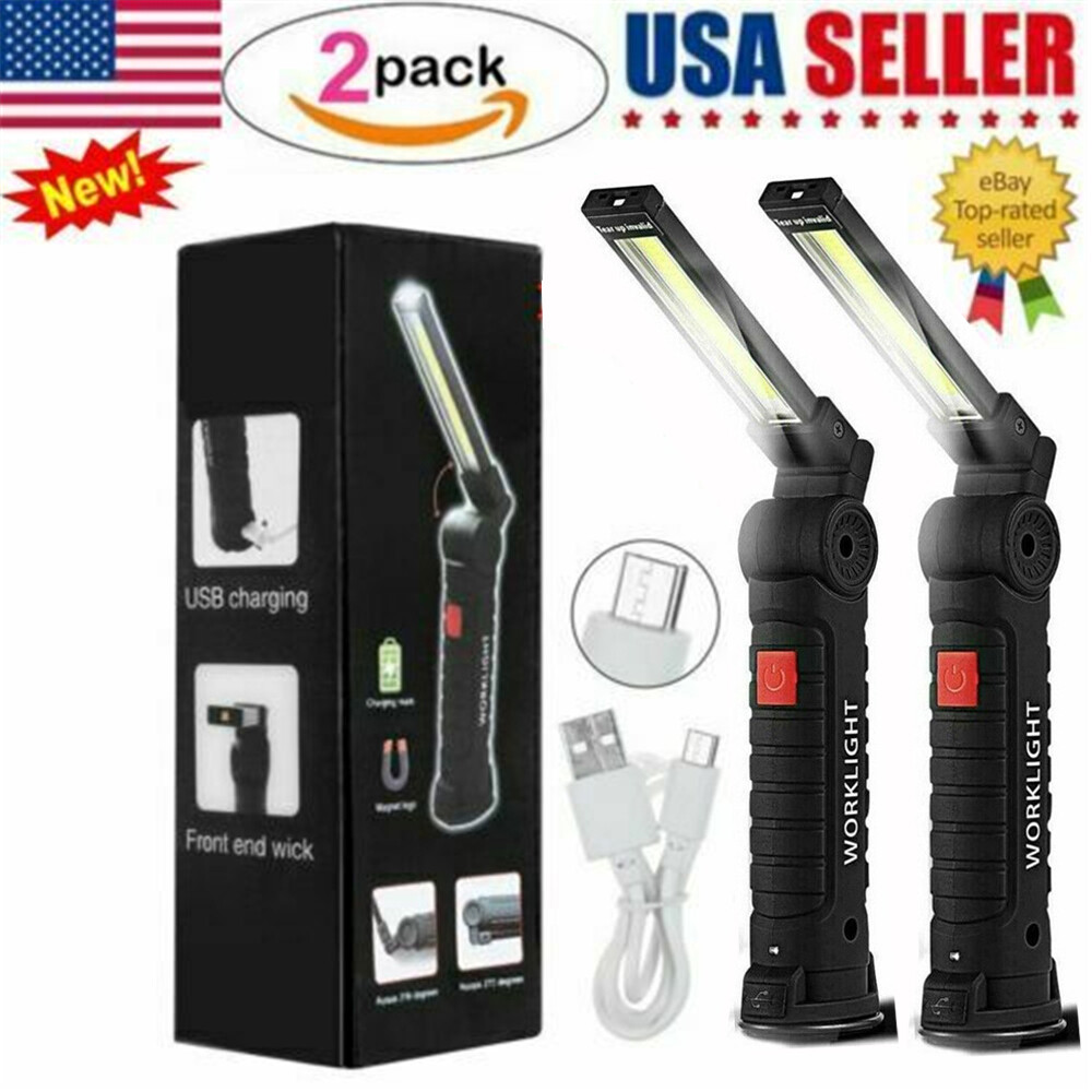 2Sets USB Rechargeable COB LED Work Light Lamp Inspect Folding Torch Flashlight