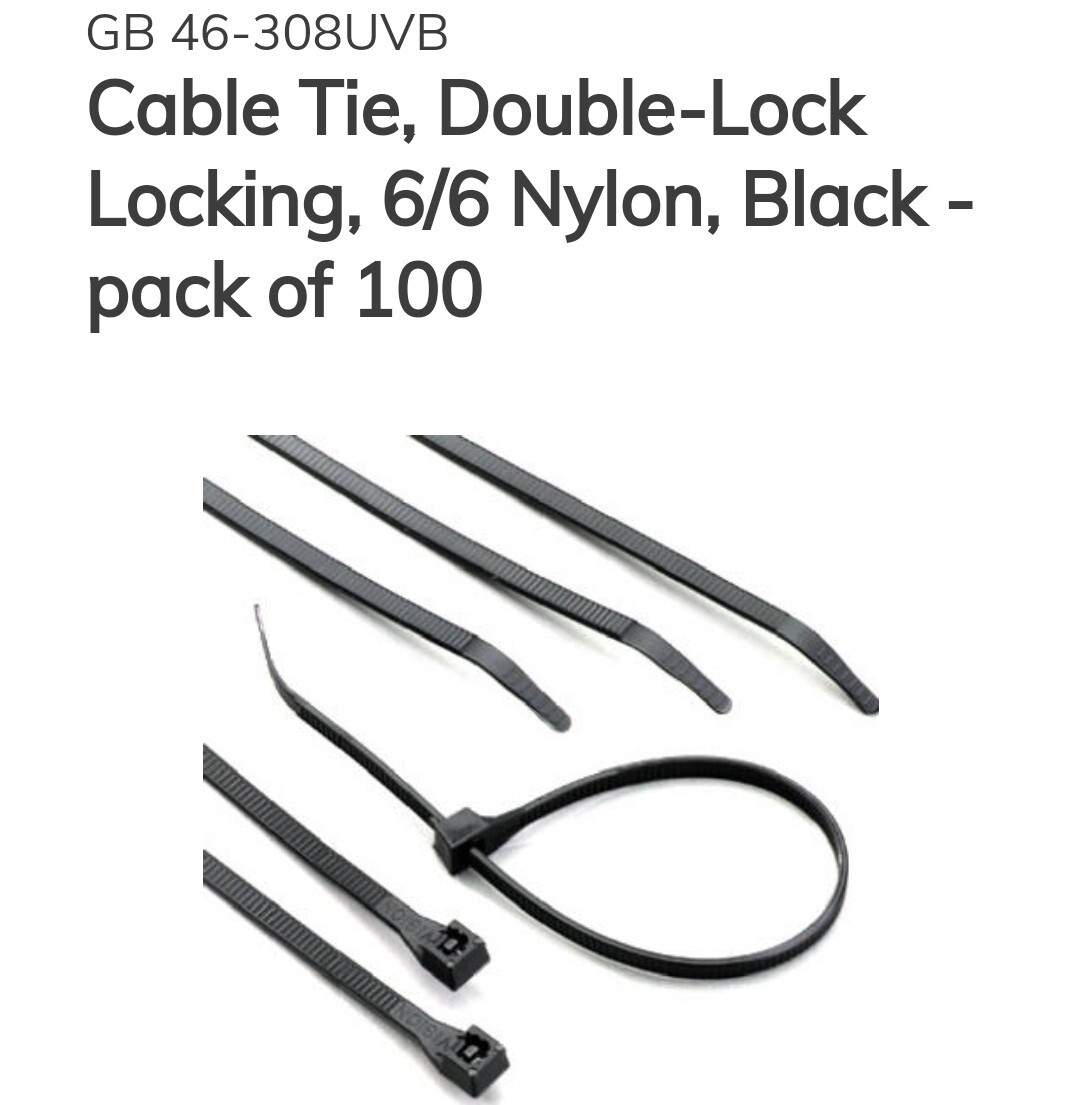 GB 46-308UVB Cable Tie, Double-Lock 75 Lbs. Locking, 6/6 Nylon, Black - pk- 100