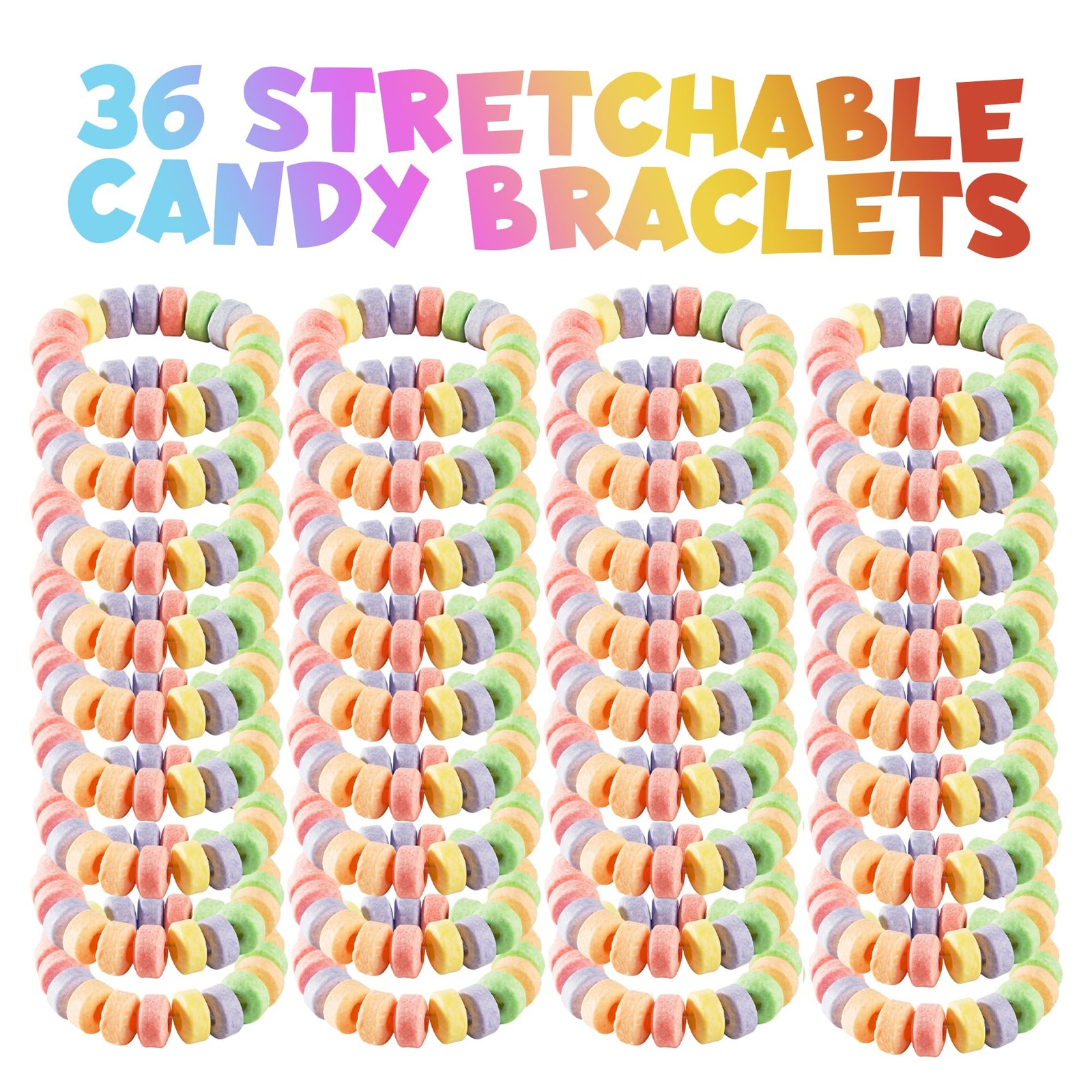 36-Pack Bulk Candy Bracelets for Kids 2.5 Inch - Individually Wrapped - Stretcha
