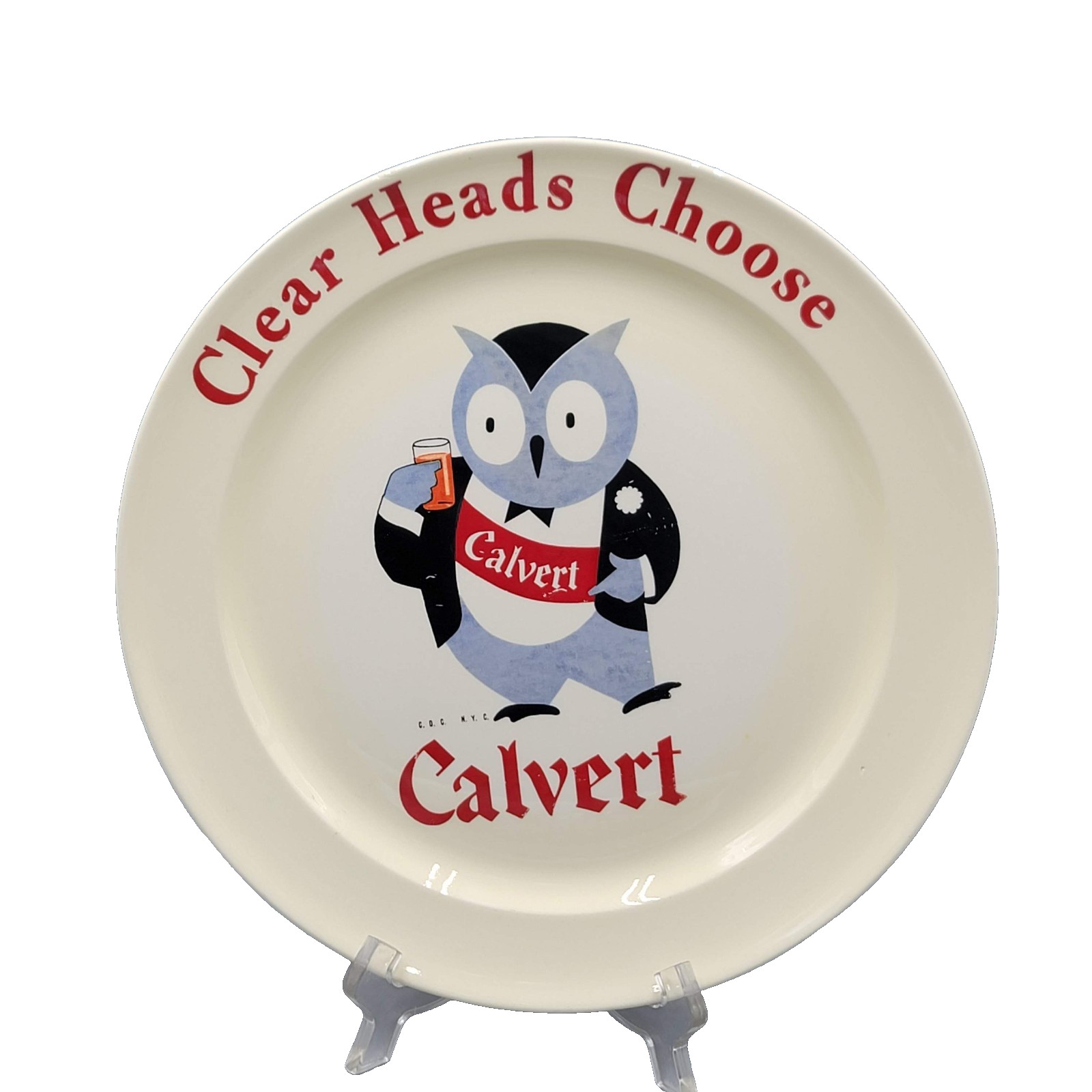 Calvert Whiskey Advertising Plate Clear Heads Choose Calvert Lord Owl 10"