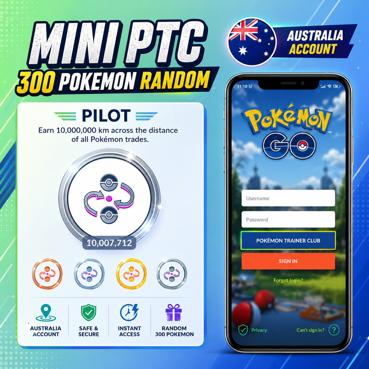 Pokemon Go |🏅Platinum Medal🏅 Pilot Medals | PTC with Random x300 | NO BOT