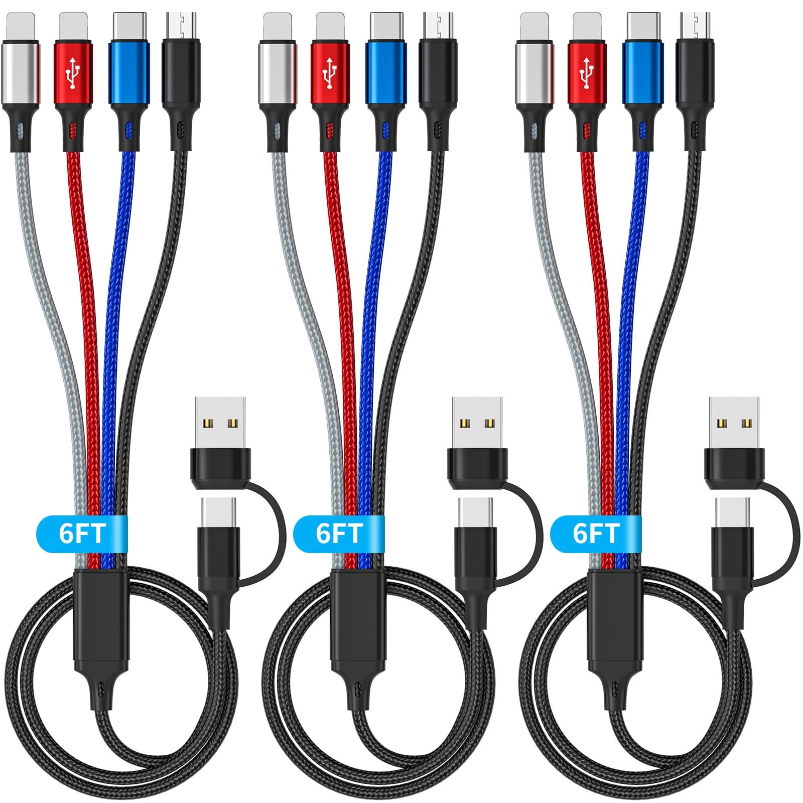 Multi Charging Cable (3Pack 6FT) 4 in 1 Charging Cables for Multiple Devices,...