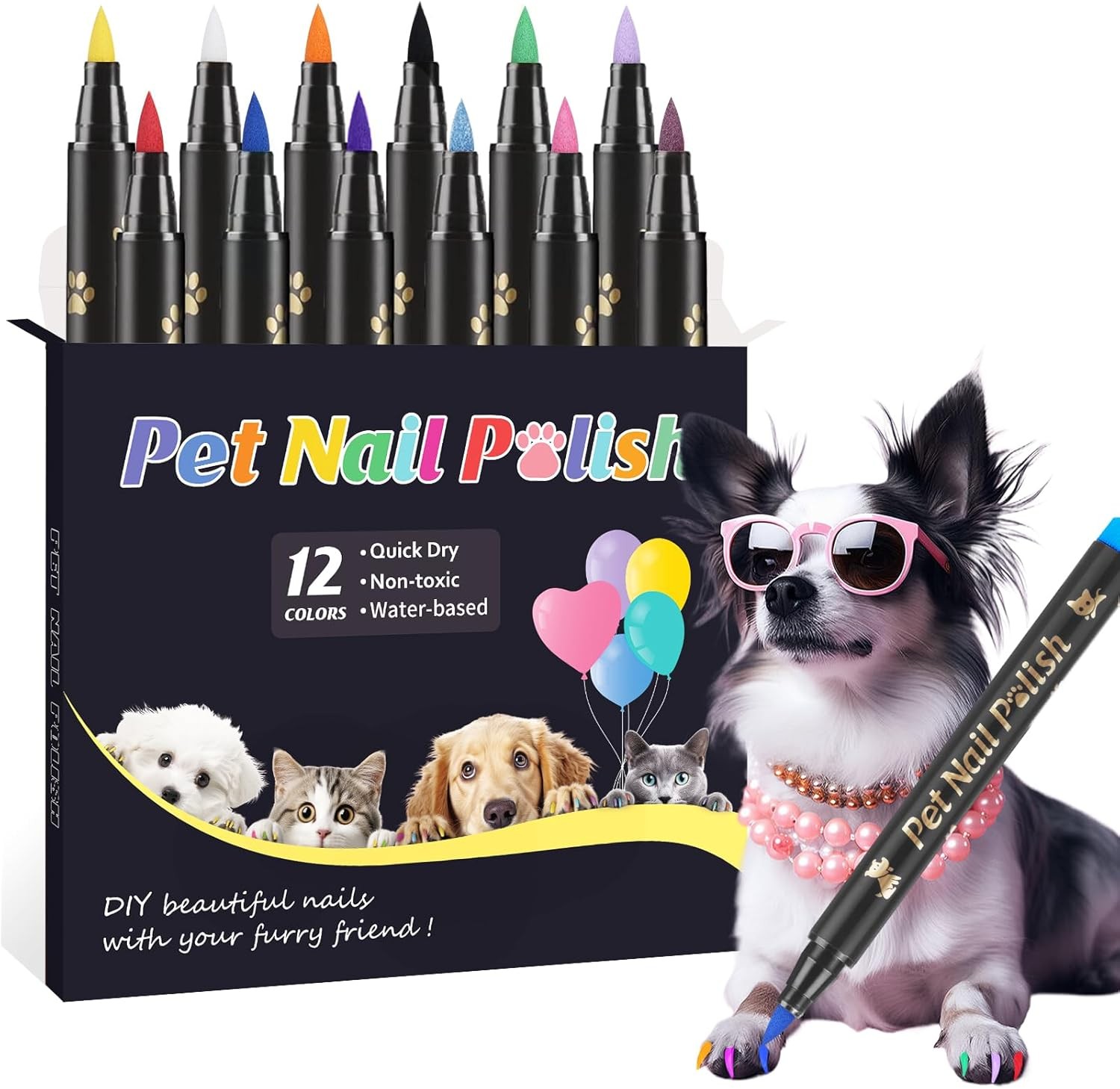 Dog Nail Polish Pens Quick Dry,12 Colors Safe 1 Count (Pack of 12), 12 colors