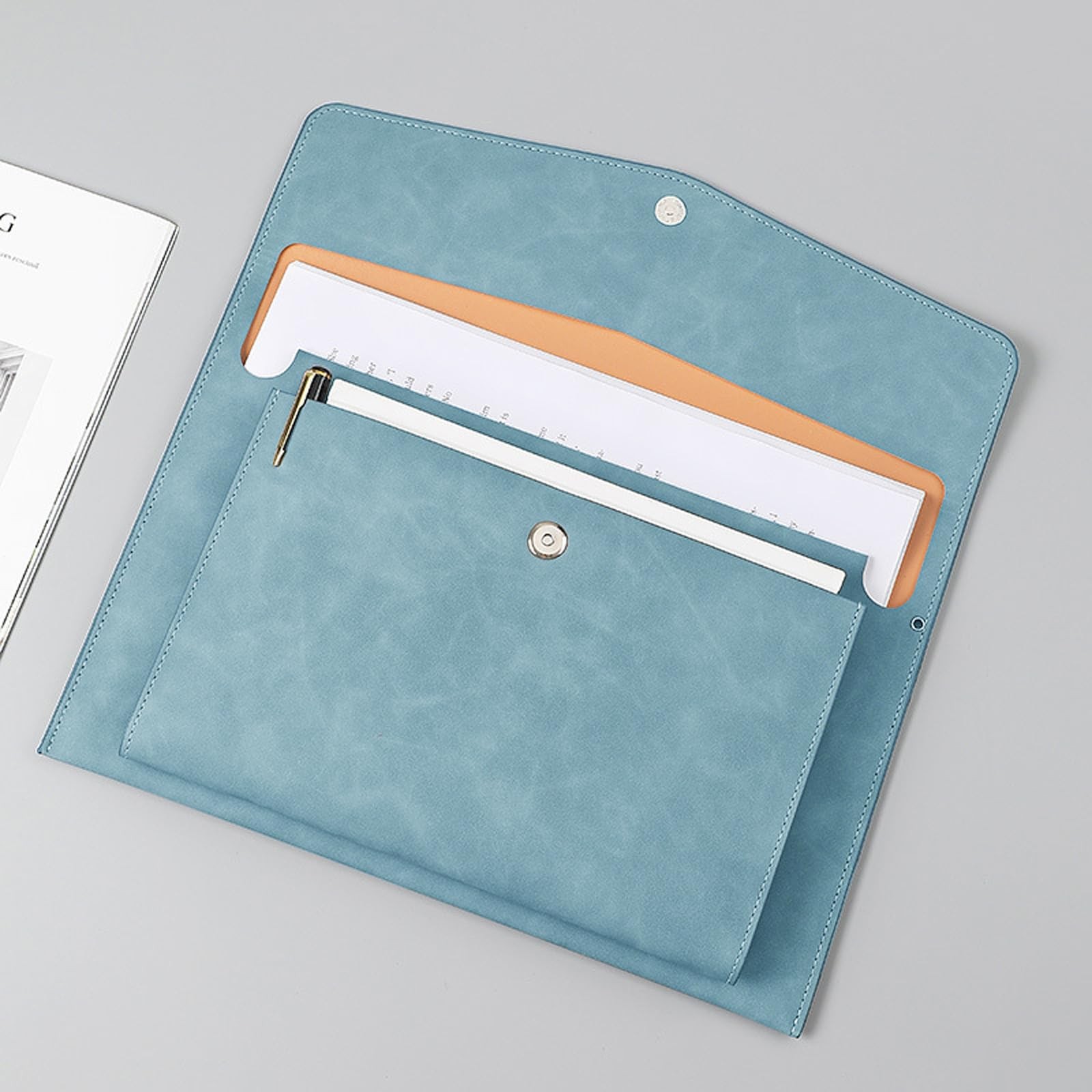 Cyan PU Leather A4 File Folder Document Holder 2 Compartment Snap Closure
