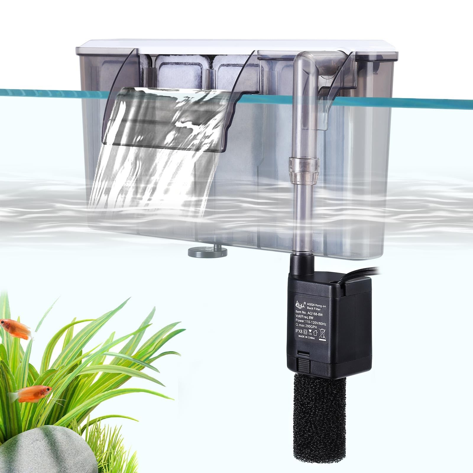 AQQA Quiet 30-50 Gallon Fish Tank Filters - Auto 8W for Gallon, White