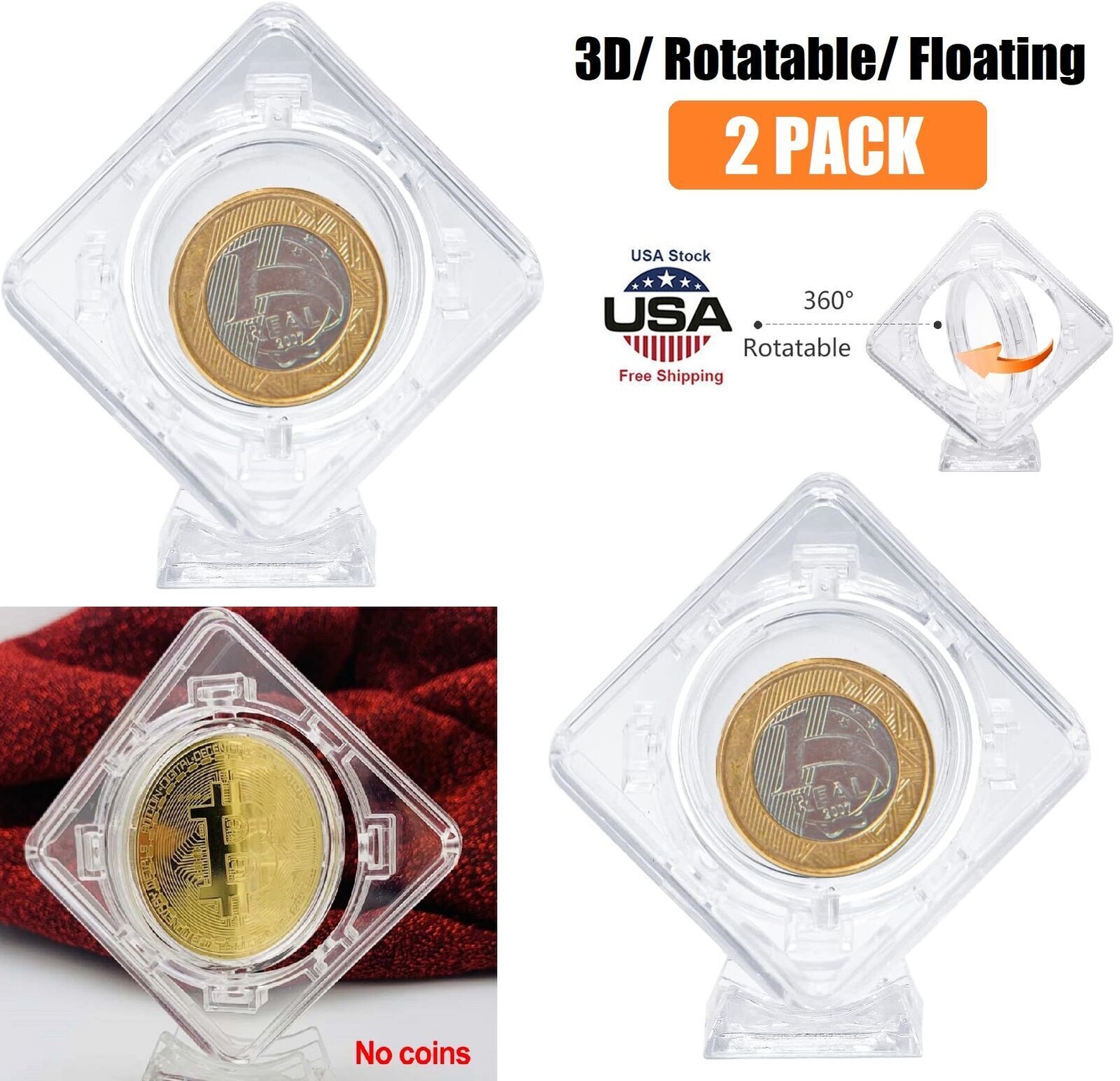 3D Coin Display Case Stand Rotatable Floating Coin Capsules Protector 40 mm 2Pcs