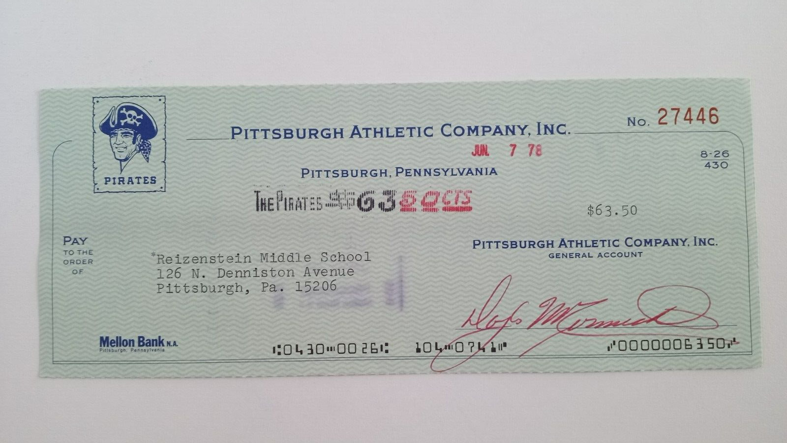 Reizenstein Middle School: 1978 Pittsburgh Pirates Expense Check
