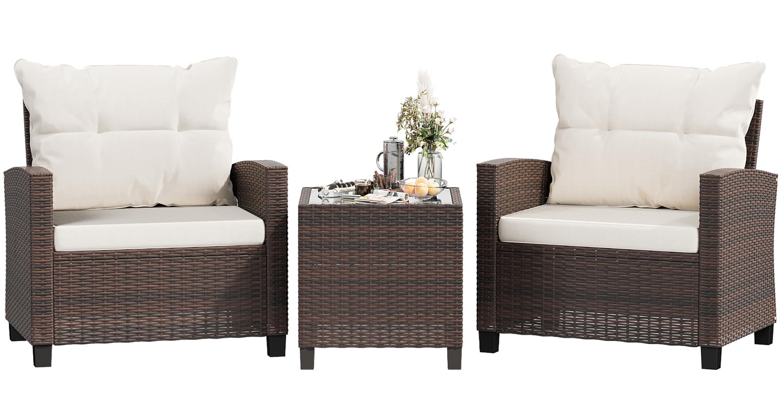 Shintenchi 3 Pieces Patio Furniture 25.6 INCH, Brown Rattan & Beige Cushion