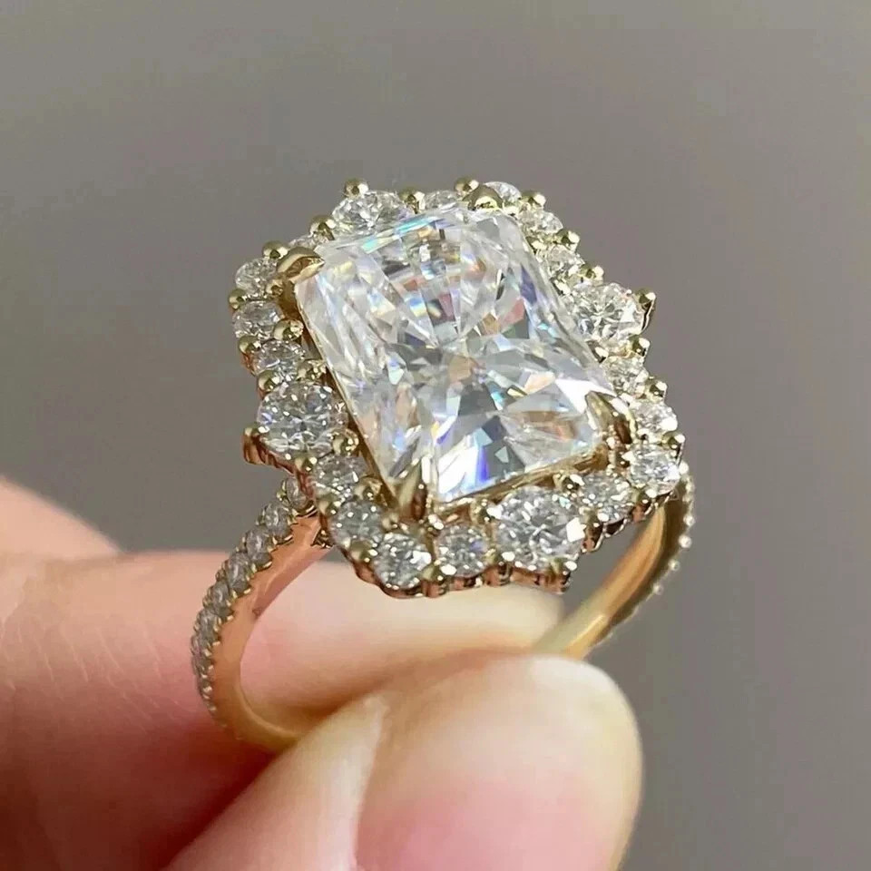 Radiant Cut 3.20 Ct White Moissanite Halo Engagement Ring 14K Yellow Gold Plated