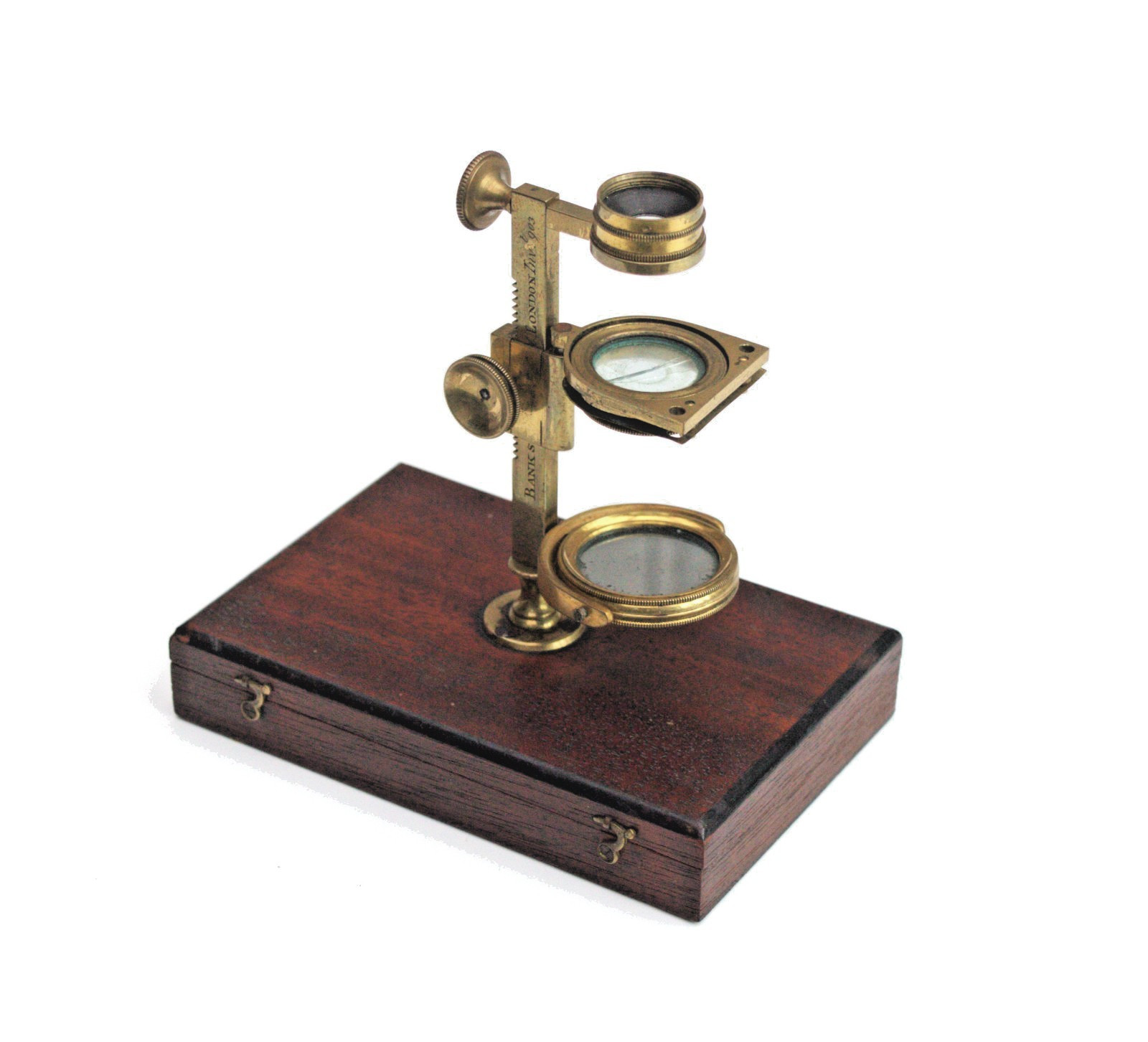 Pocket microscope in case - 'Banks, London, Inventor'.