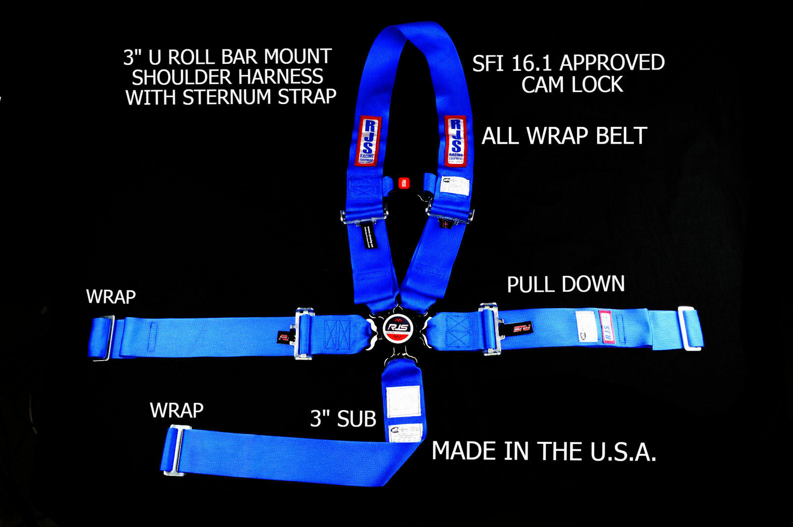 RJS SFI 16.1 5PT CAM LOCK U WRAP ROLL BAR MOUNT BELT STERNUM STRAP BLUE