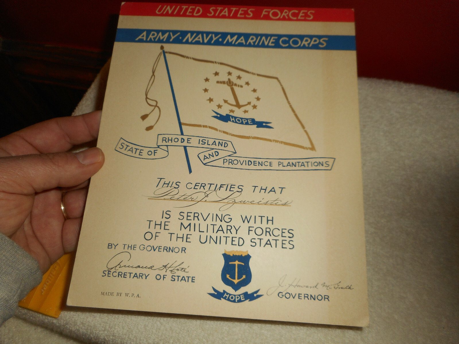 WW2 RHODE ISLAND Military Service Certificate Signed Gov. J Howard Mcgrath WPA