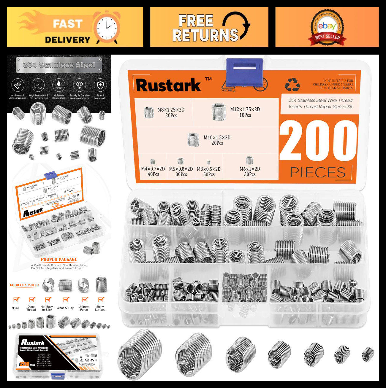 200 Pcs Stainless Steel Thread Inserts Kit M3-M12 Helicoil Screw Repair Set