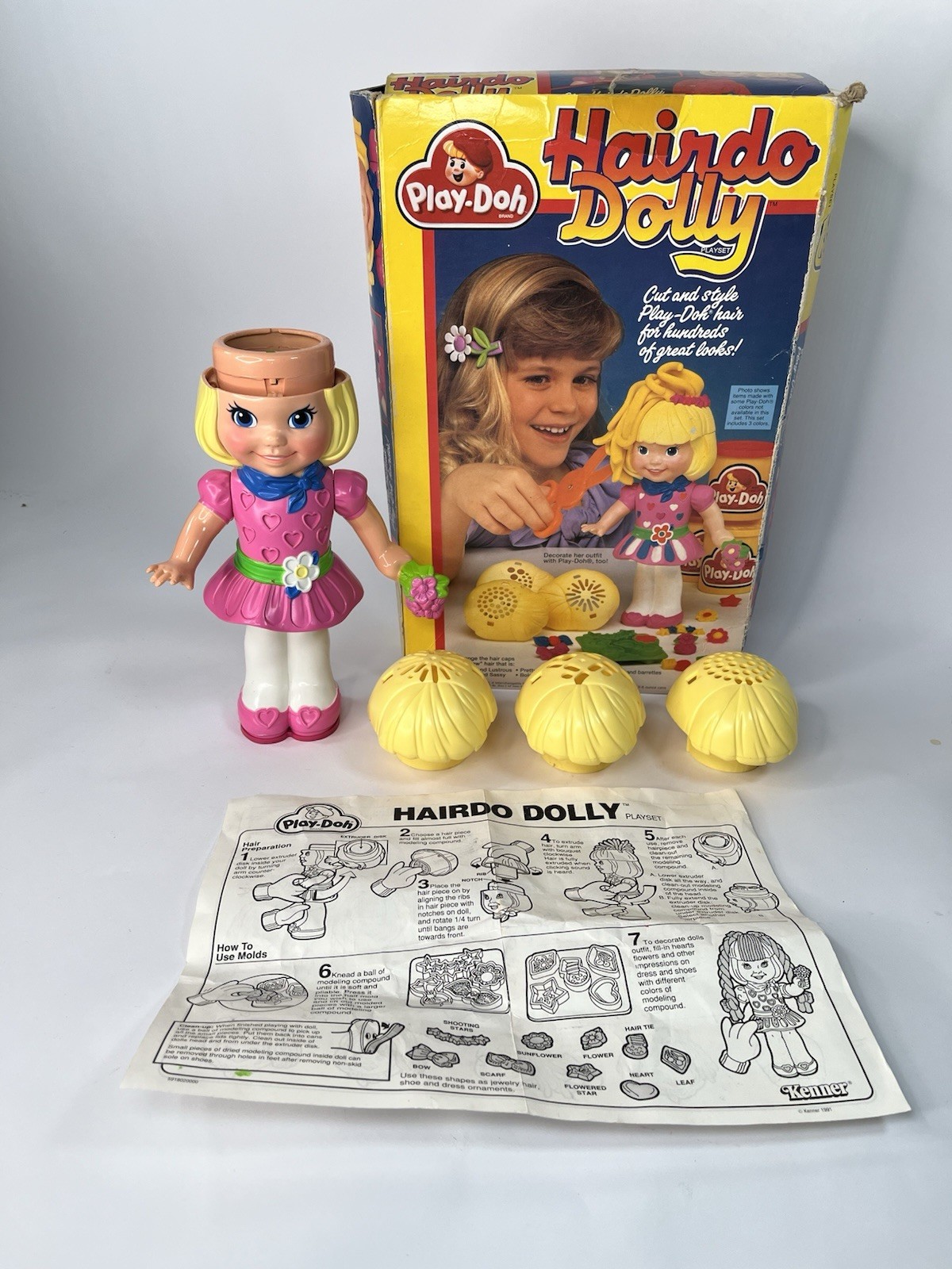 Vintage 1991 Play-Doh Kenner Hairdo Dolly 3 Hair Pieces Box & Pamphlet Included