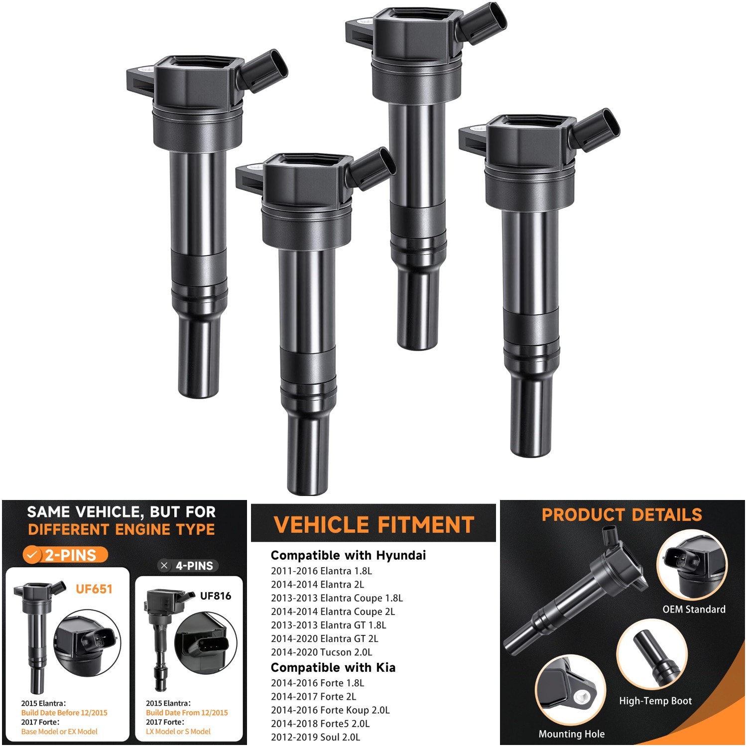 4 Pack Ignition Coil Hyundai Elantra 2011-2016, GT 2013-2020, Tucson 2014-2020,