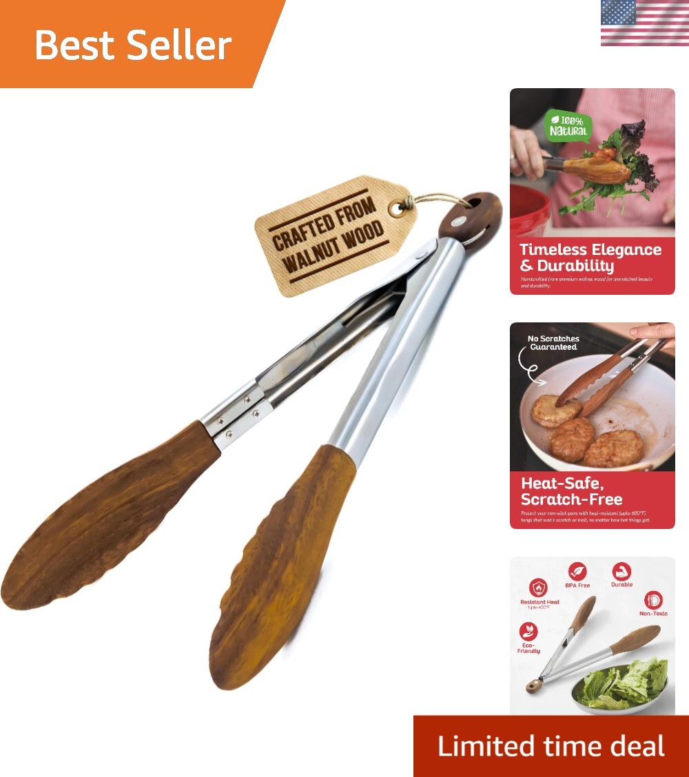 Durable 12-Inch Walnut Wood Tongs for Easy Cooking & Serving - Dishwasher Safe