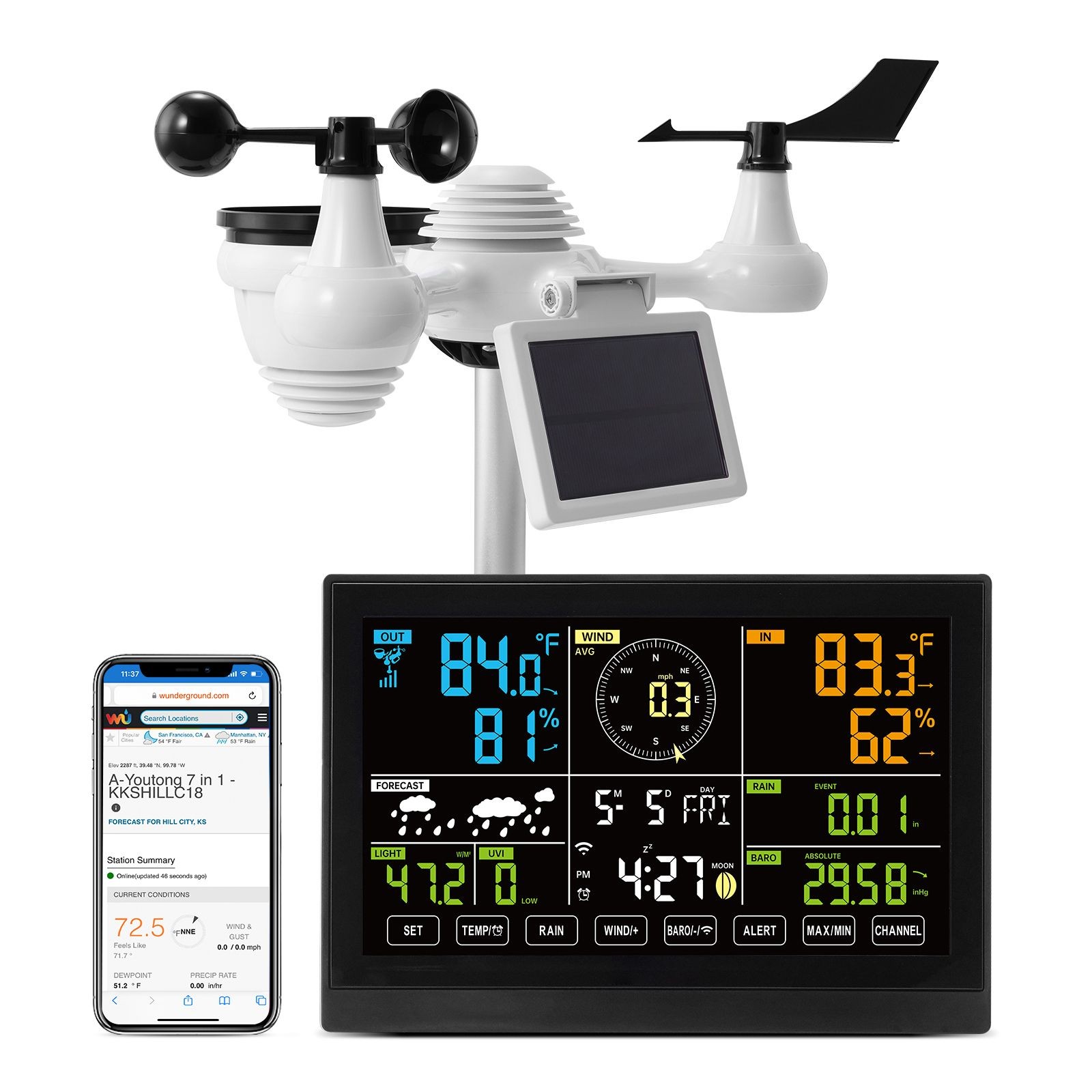 7-in-1 Wi-Fi Weather Station, 7.5 in Color Display, Home Weather Station Indoor