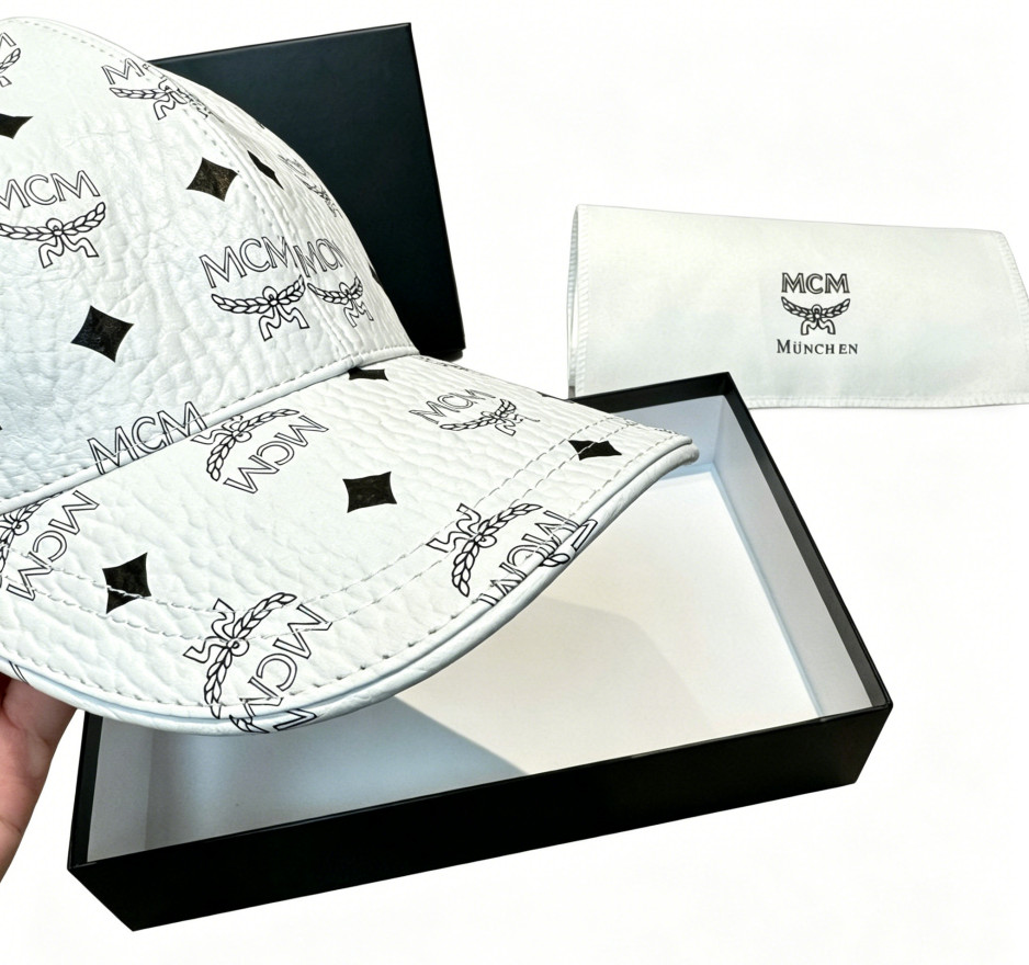 NWT Classic MCM All Over Logo Adjustable White Leather Baseball Cap
