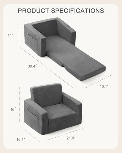 Toddle & Kids Chair,2-in-1 Soft Toddler Couches That Fold Out,Toddler Grey