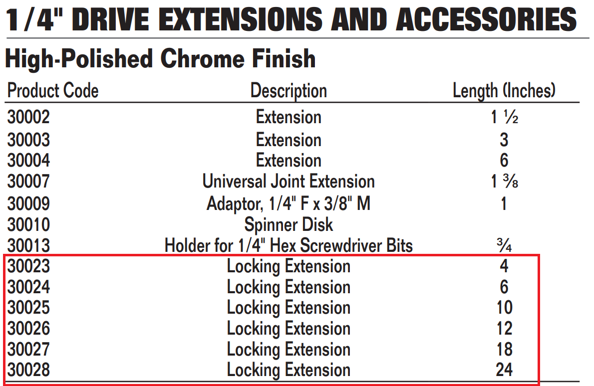 1/4" Drive Locking Extension Bars, High-Polished Chrome Finish, Williams