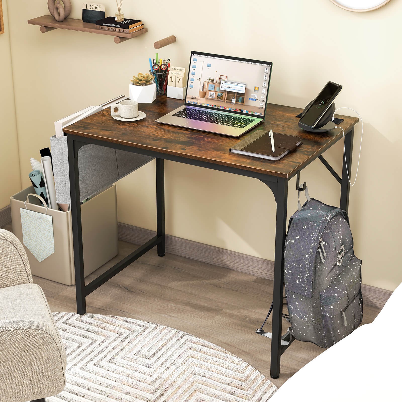 32" Computer Desk Small w/ Headphone Hook & Charging Station Storage Bag