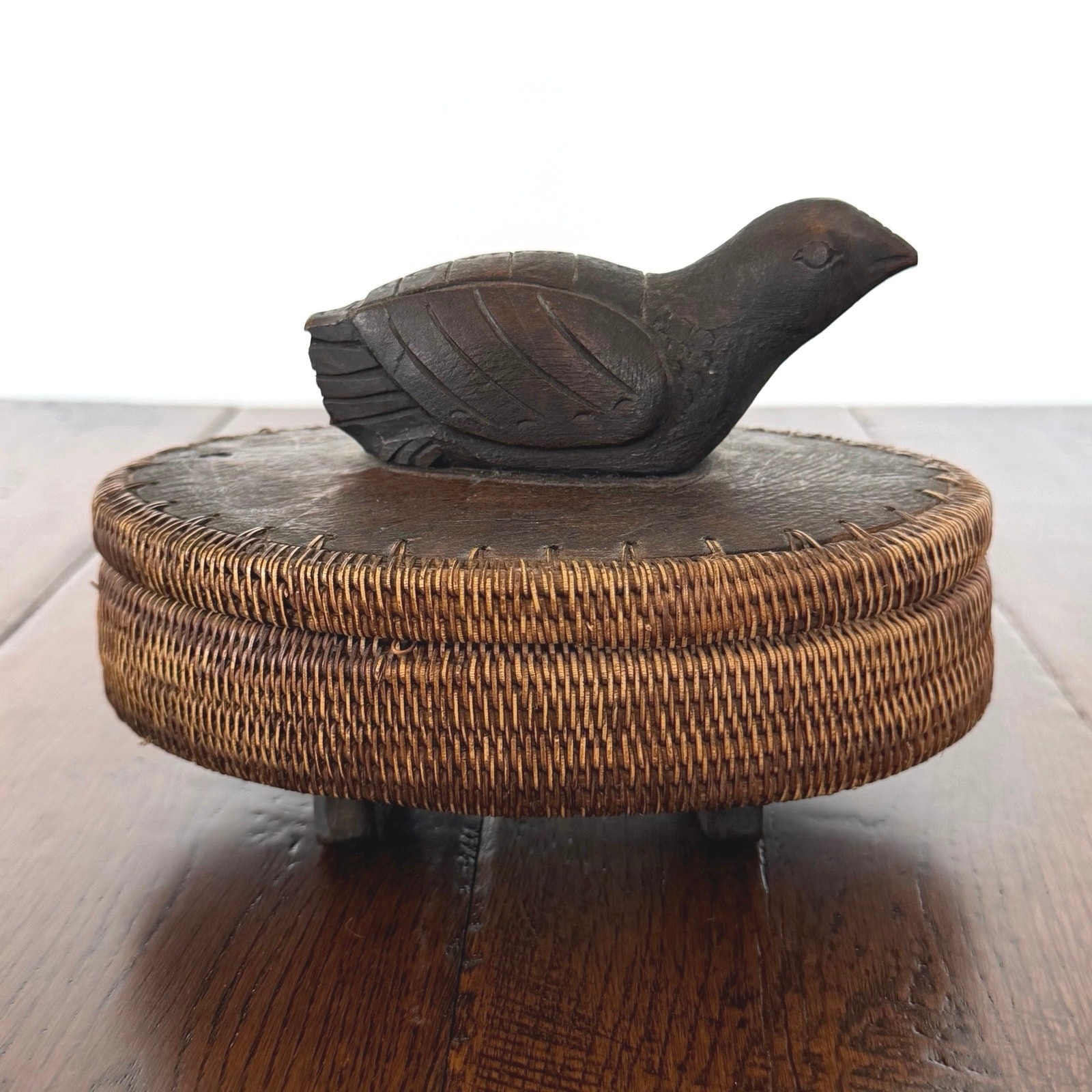 Vintage Rattan Wicker Box, Hand Woven Storage Box with Carved Wooden Bird Lid