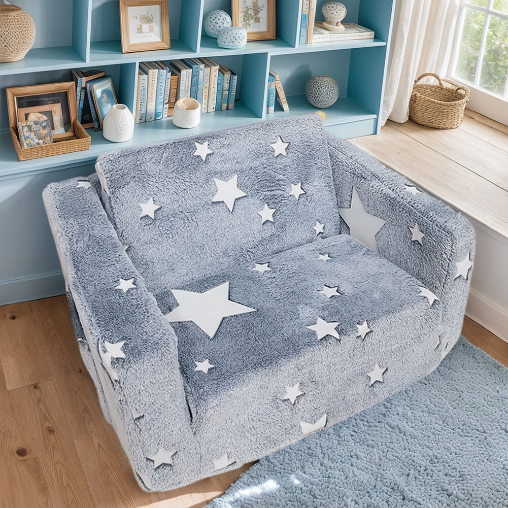 Toddler Kids Couch Convertible Sofa To Lounger for Girls and Boys (Gray Stars)