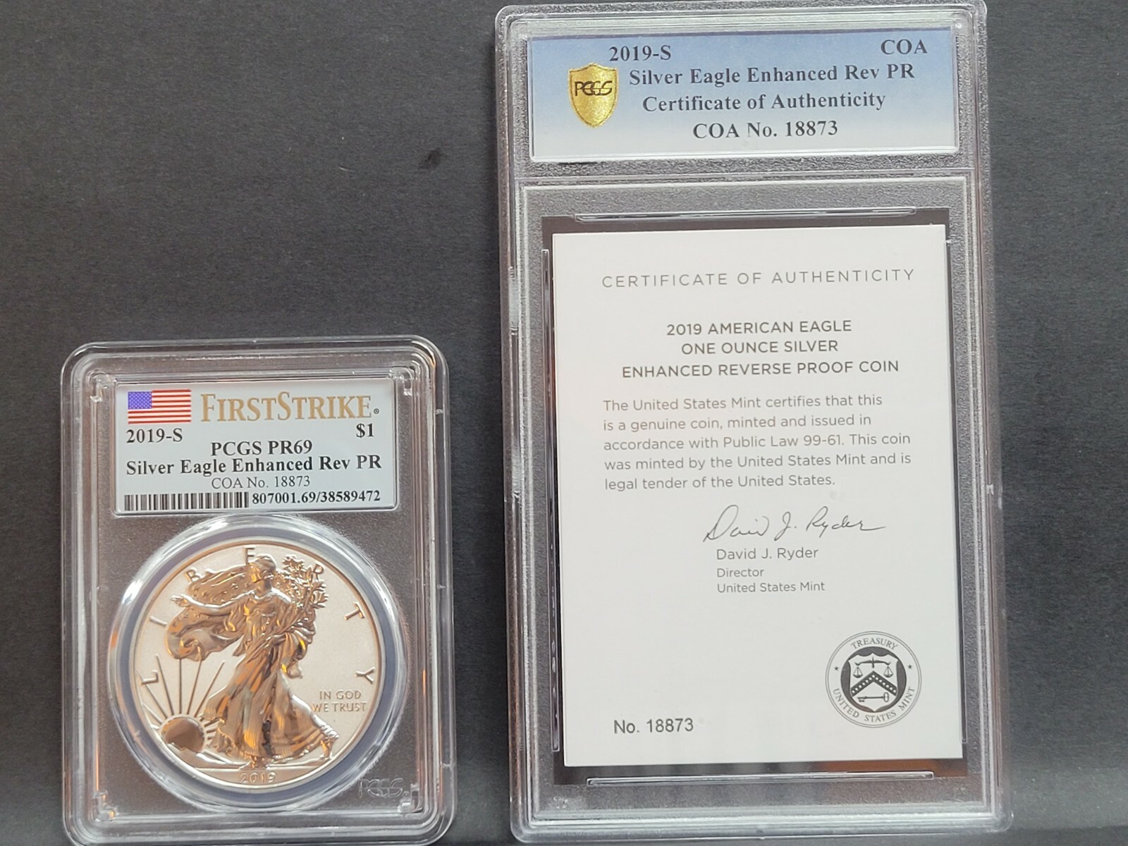 2019 S Silver Eagle ENHANCED REVERSE PCGS PR69 PF69 FIRST STRIKE ,  COA (random)