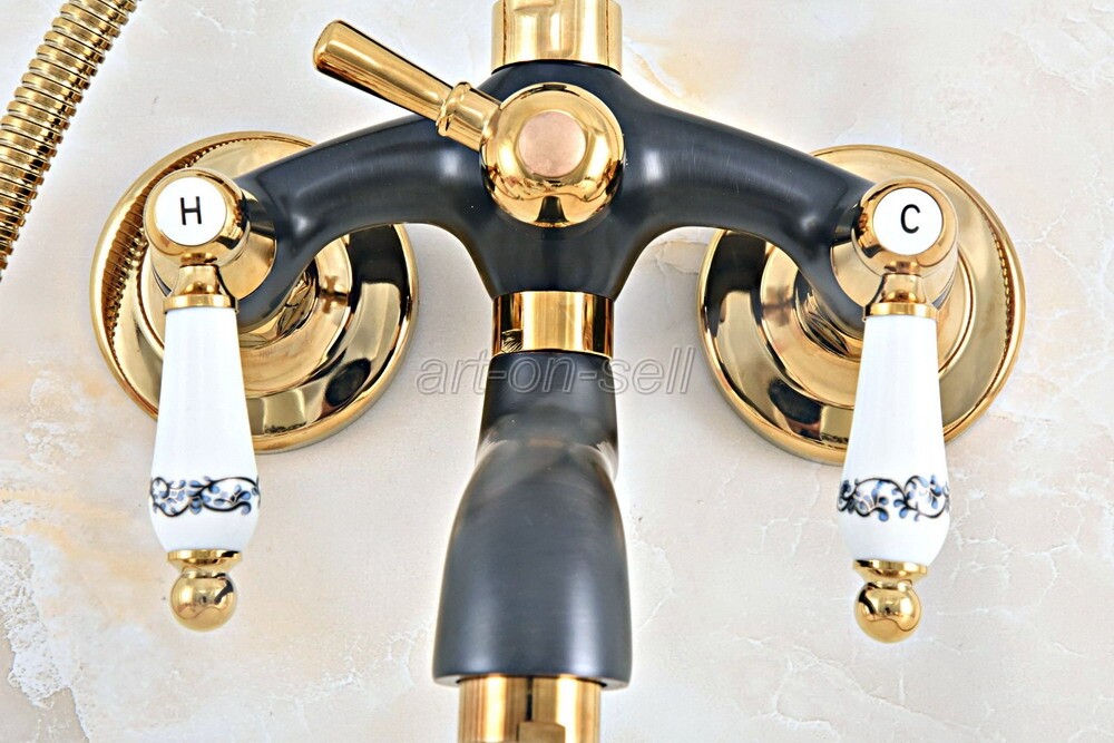 Black Gold Brass Wall Mounted Clawfoot Bath Tub Faucet with Hand Shower ana549