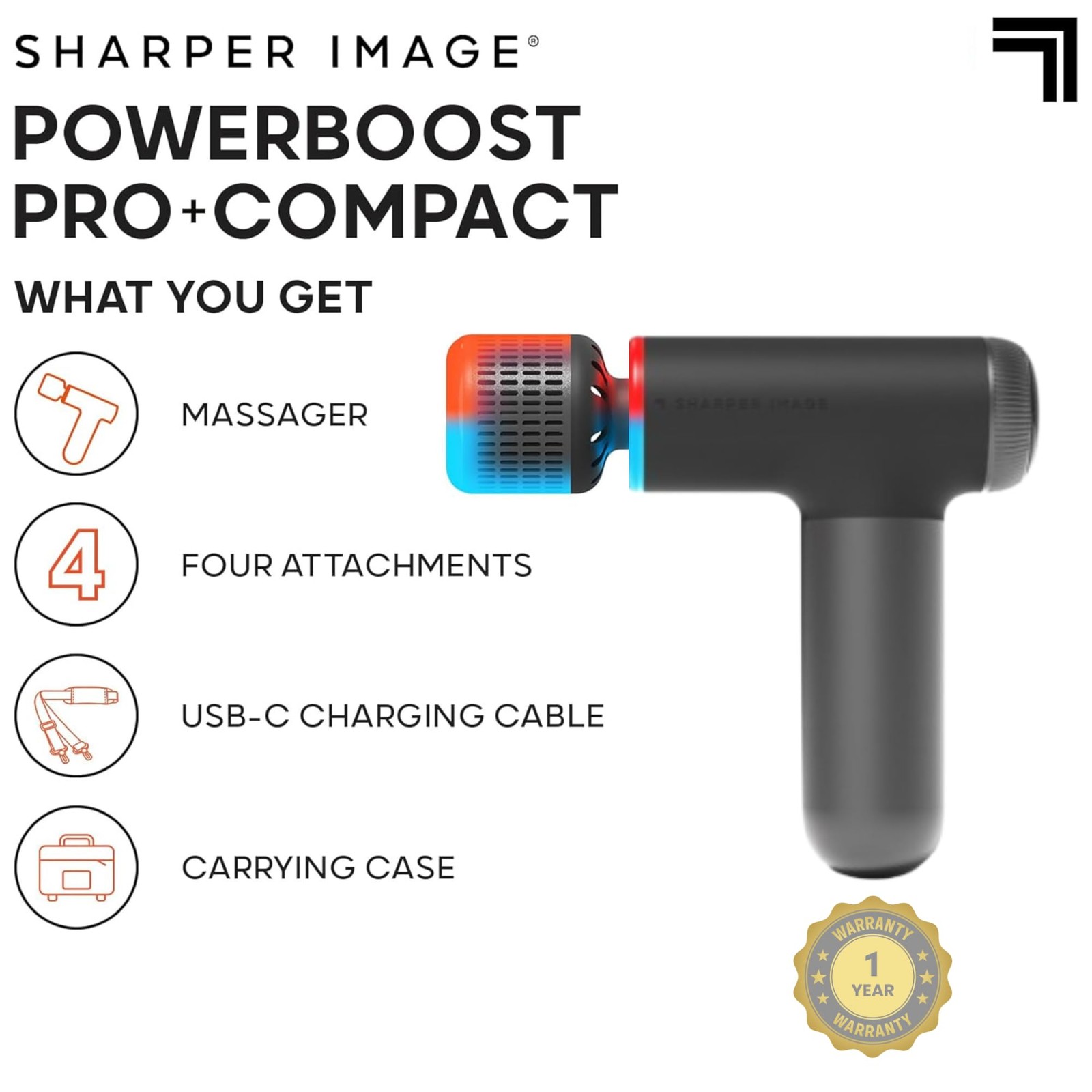 Sharper Image Powerboost Pro+ Hot & Cold Compact Deep Tissue Massage Gun - 6 S