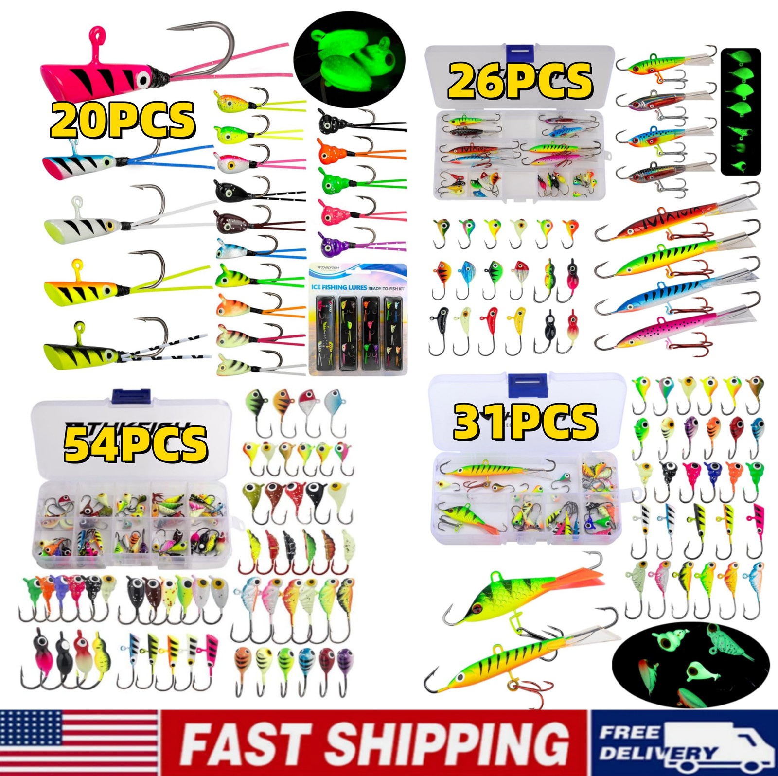 14/26/40PCS Glow Ice Fishing Jigs Set Winter Ice Fishing Lures Hooks Tackle Jigs