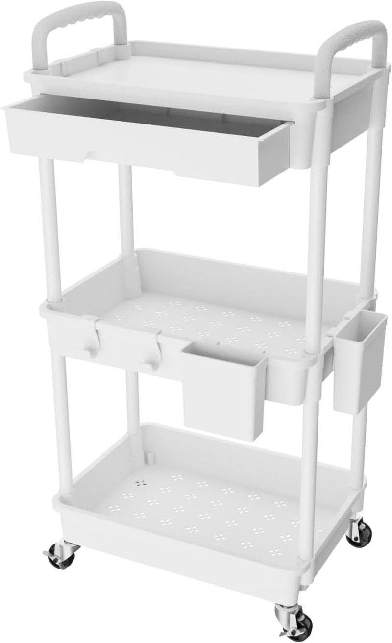 3 Tier Rolling Utility Cart with Drawer, Utility Cart Made of Multifunctional St