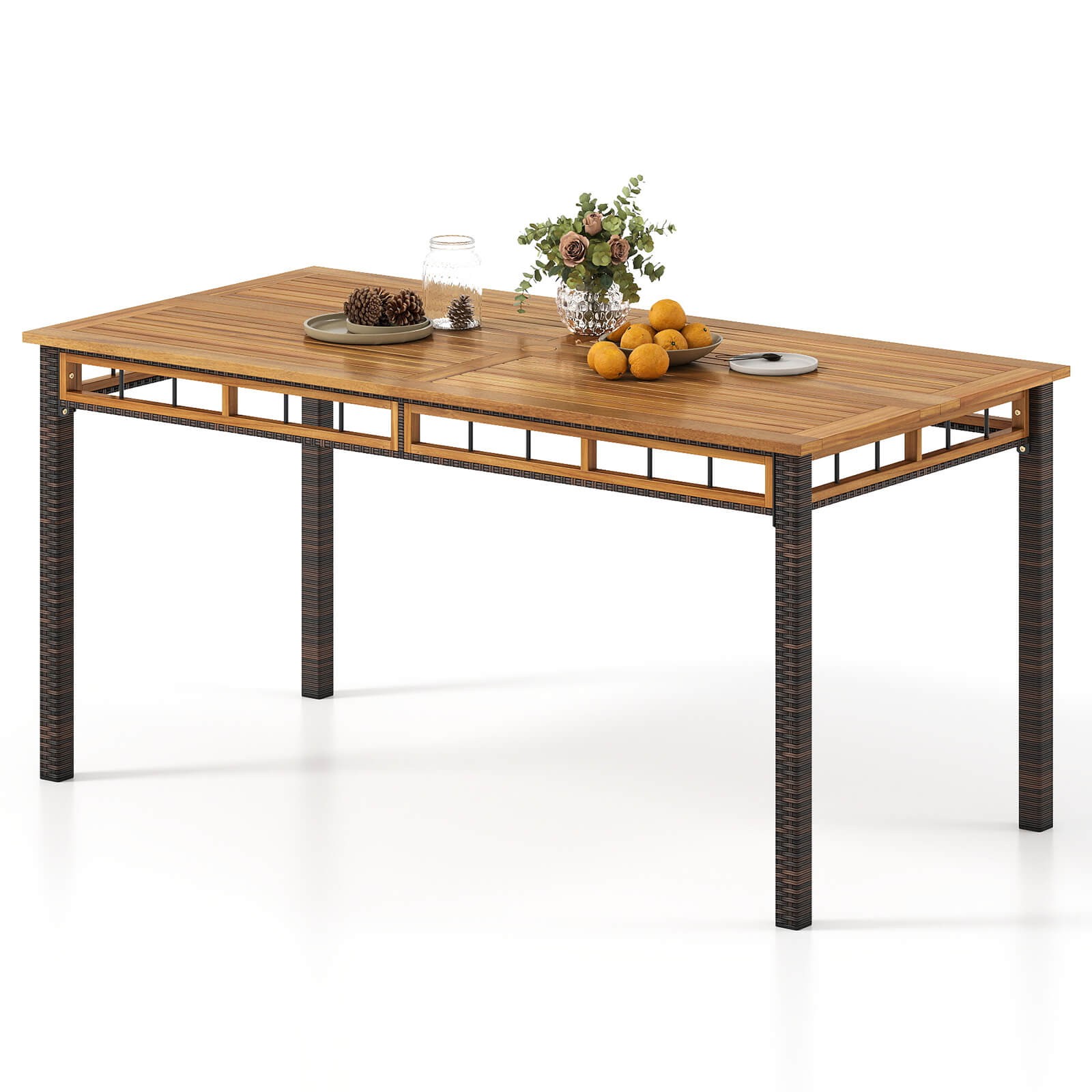 63” Outdoor Dining Table w/Acacia Wood Slatted Tabletop, 1.97” Umbrella Hole