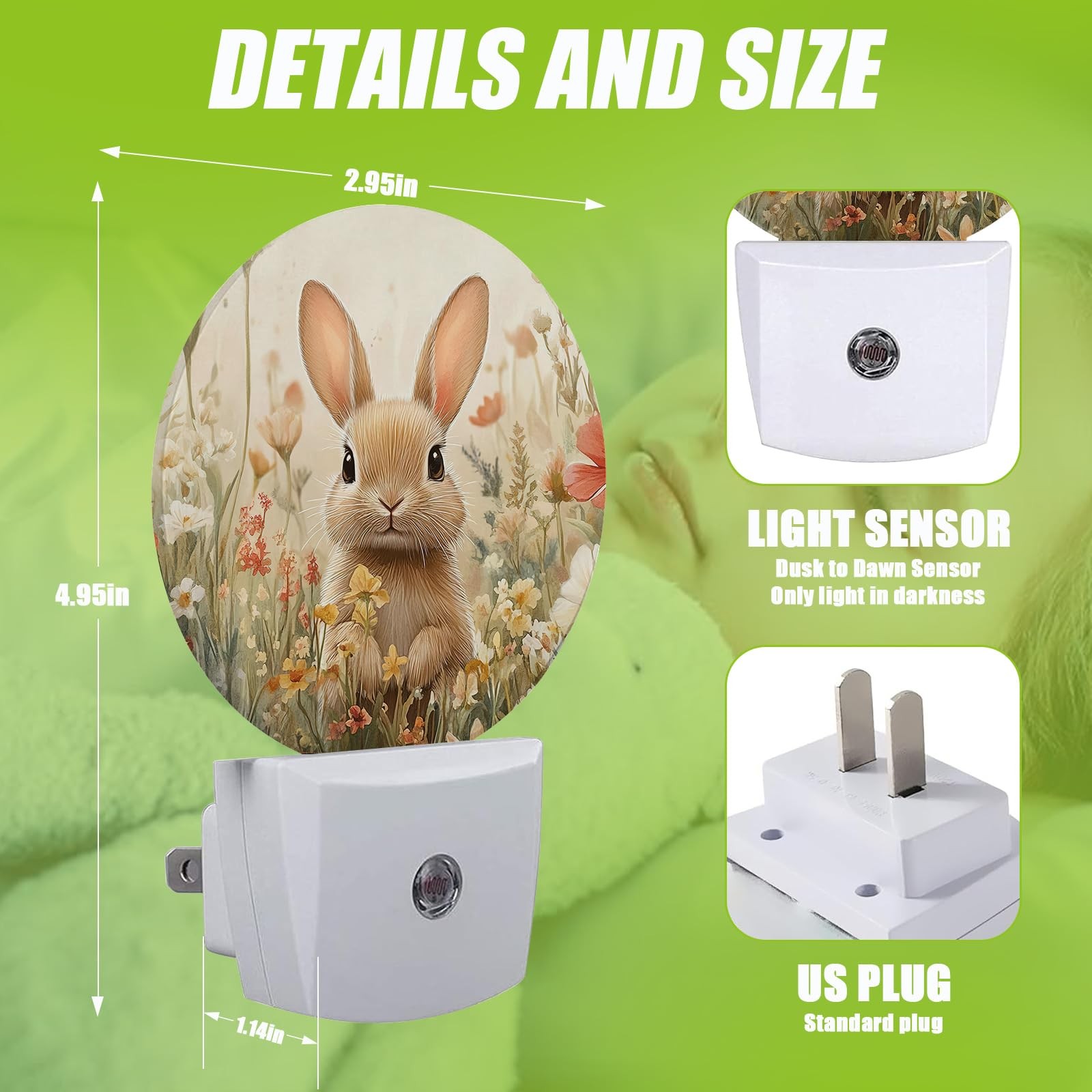 1 PCS Cute Rabbit Night Light DuskToDawn Sensor Spring Wildflowers PlugIn