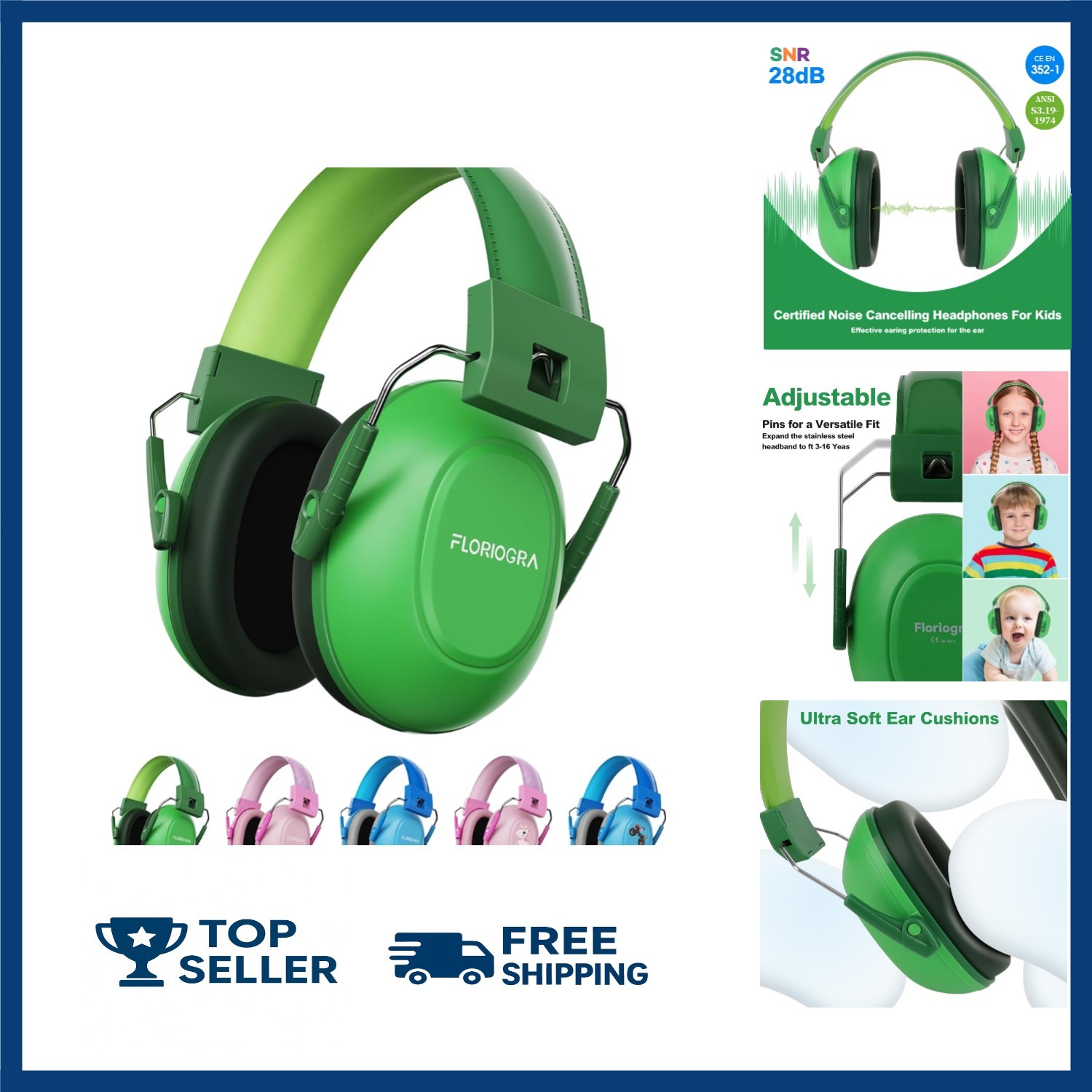 Noise Cancelling Headphones for Kids, Kids Ear Protection 28dB Unisex, Green