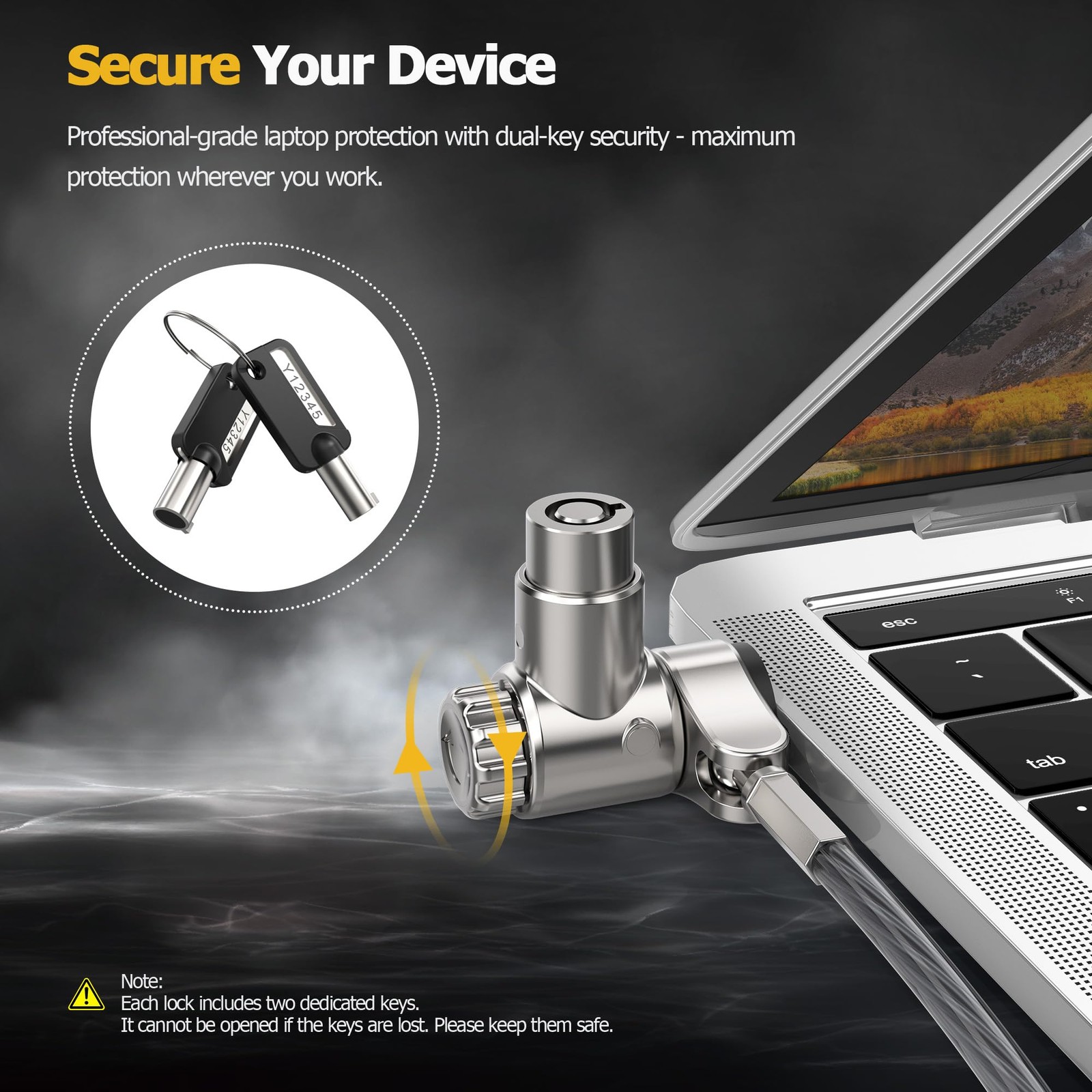 AboveTEK 3-in-1 Universal Laptop Cable Lock, Professional Black