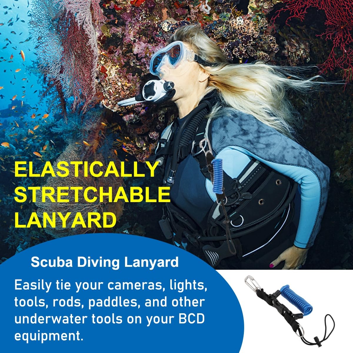 Scuba Diving Lanyard, Heavy Duty Spring Coiled Diving Clips