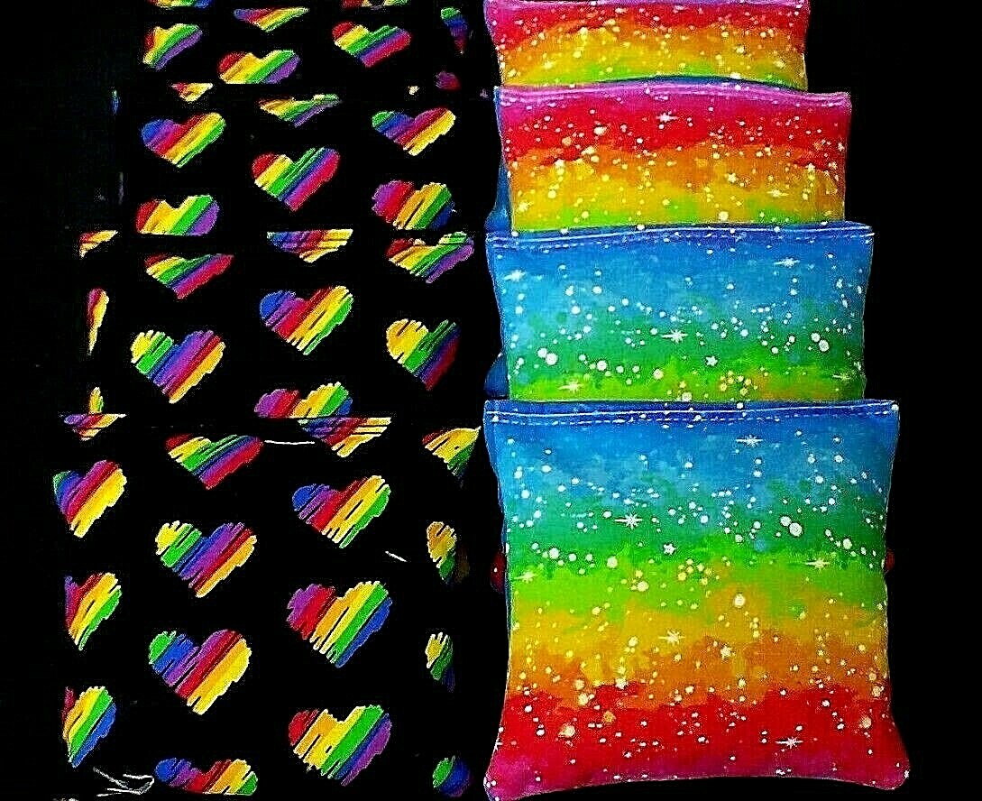 HEARTS AND RAINBOWS made with cotton fabric 8 Cornhole Bean Bags ACA Regulation