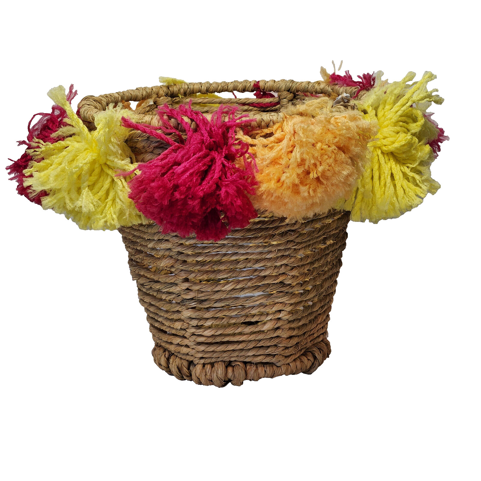 Natural Fiber Rope Jute Basket Hand Woven Yarn Pom Pom Flower Storage Display 8"