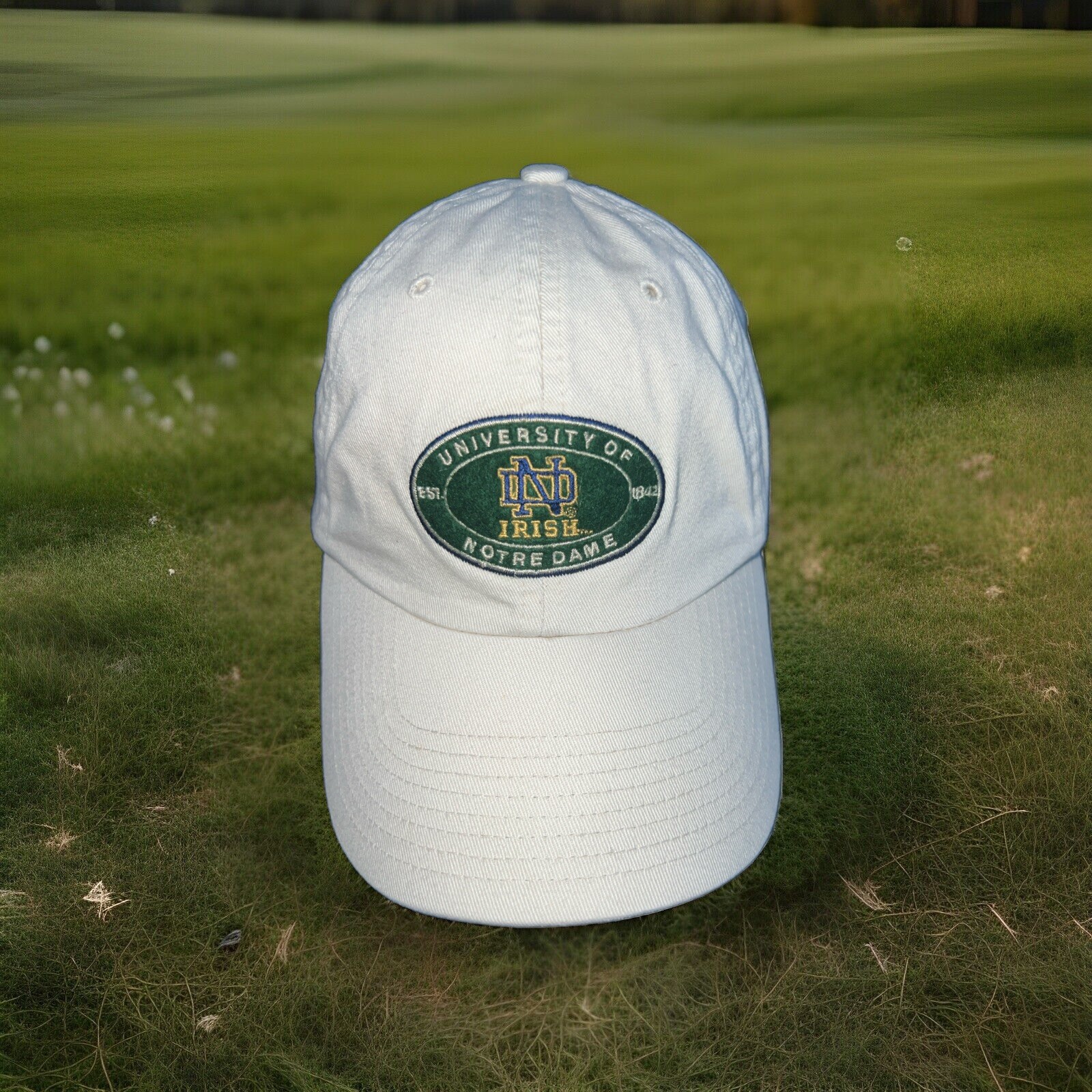 University of Notre Dame est. 1842 Green Navy Patch on Ivory Hat Cap Cotton