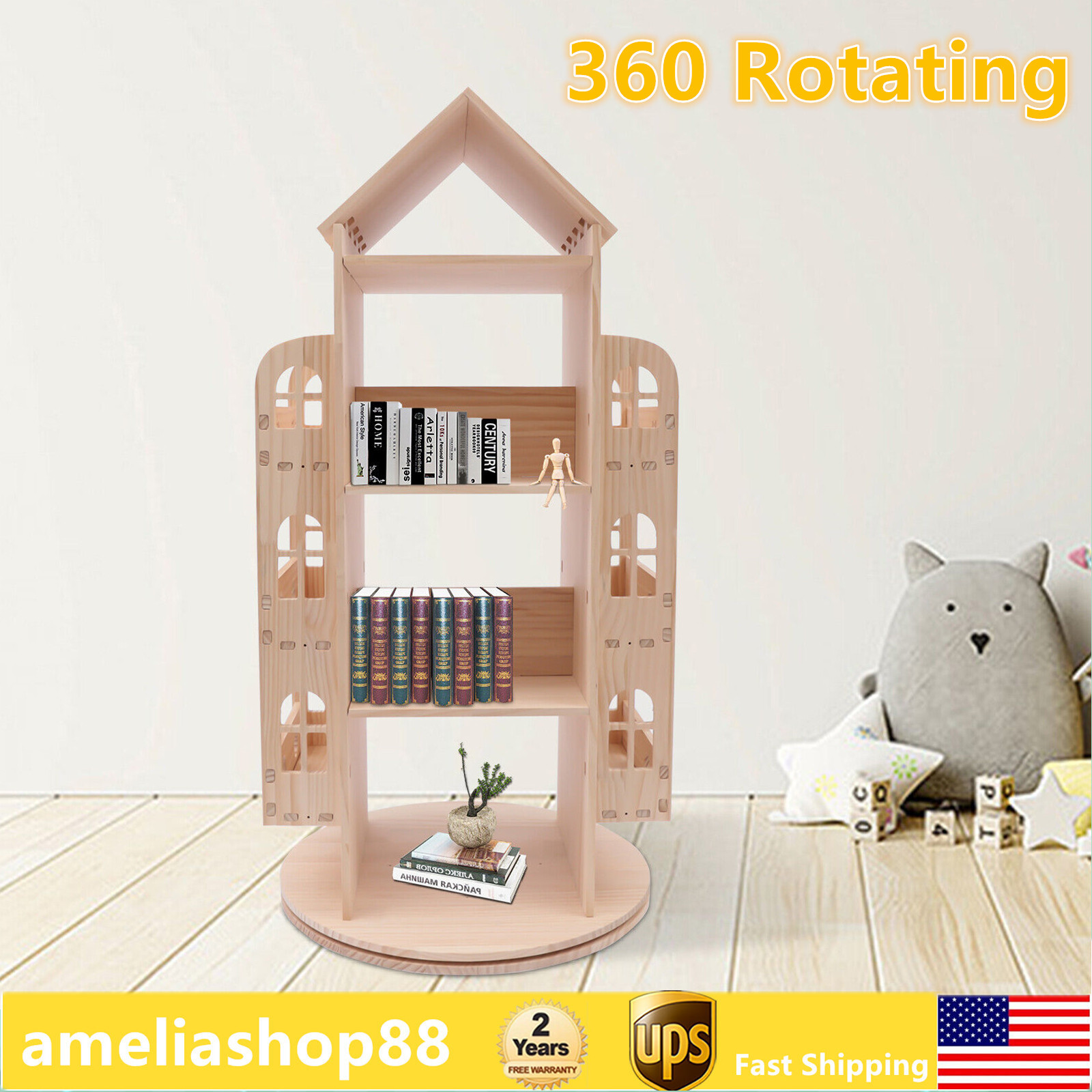 360 Rotating Wood Bookshelf Freestanding Bookcase Book Storage Rack Home Decor
