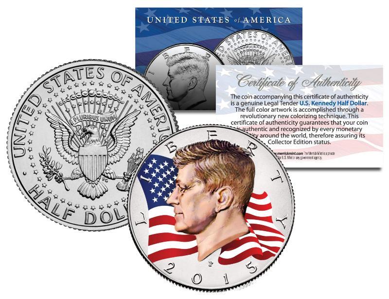 2015 JFK John F Kennedy Half Dollar U.S. Coin P Mint Colorized * WAVING FLAG *