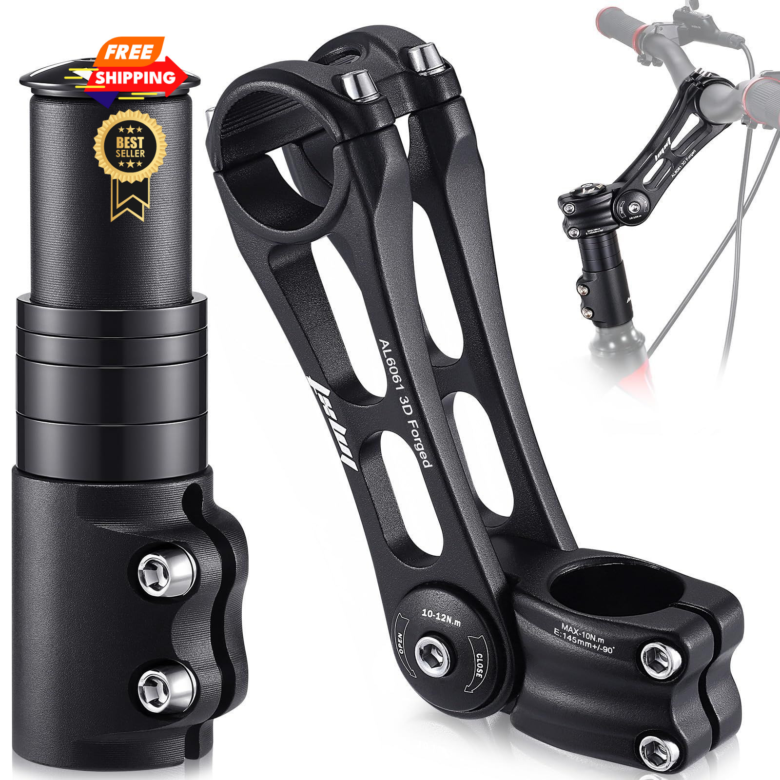 Bike Stem Riser & Adjustable Set, 31.8mm Handlebar Angle Medium, black