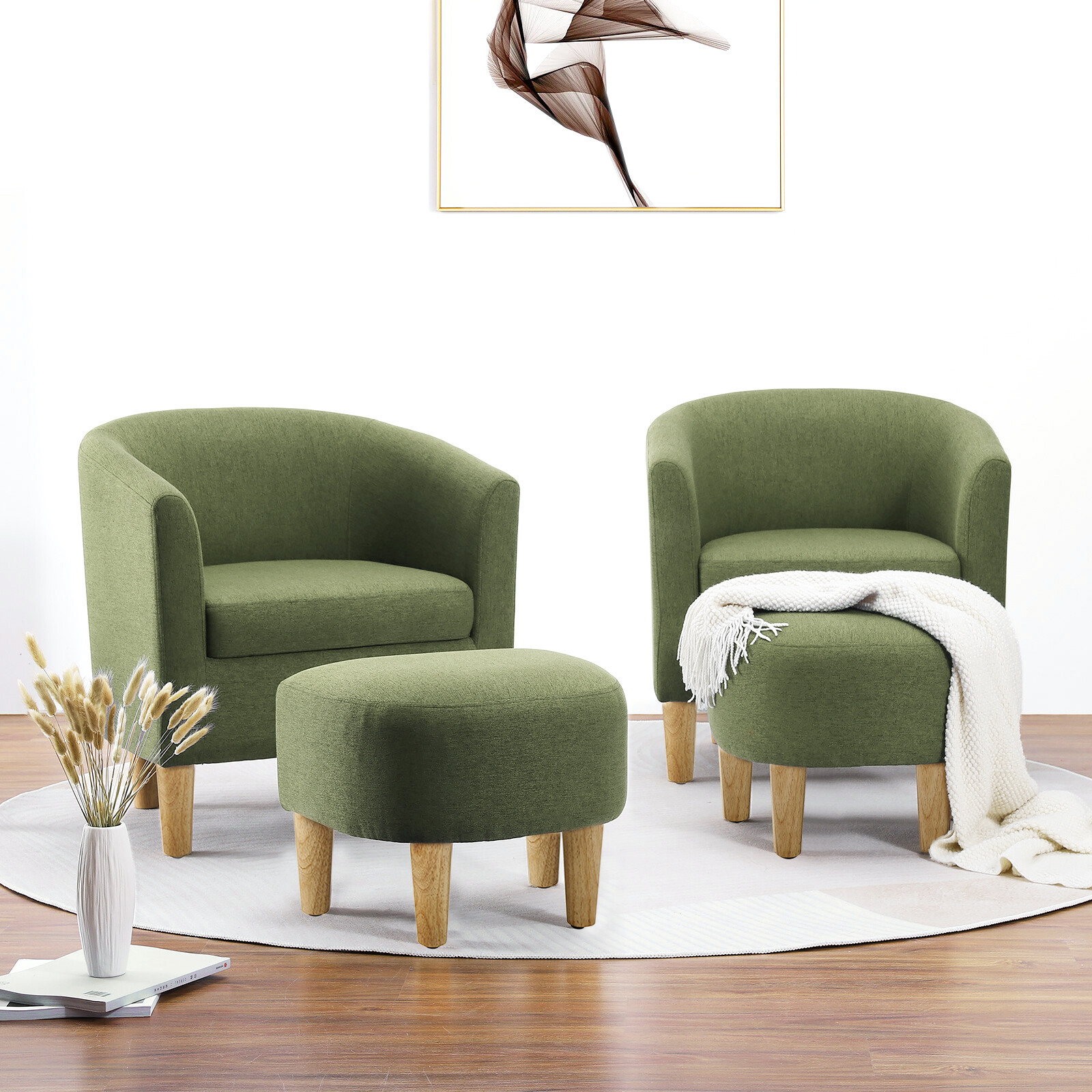 Modern Single Sofa Accent Arm Chair w/ Ottoman Linen Fabric Comfy Upholstered