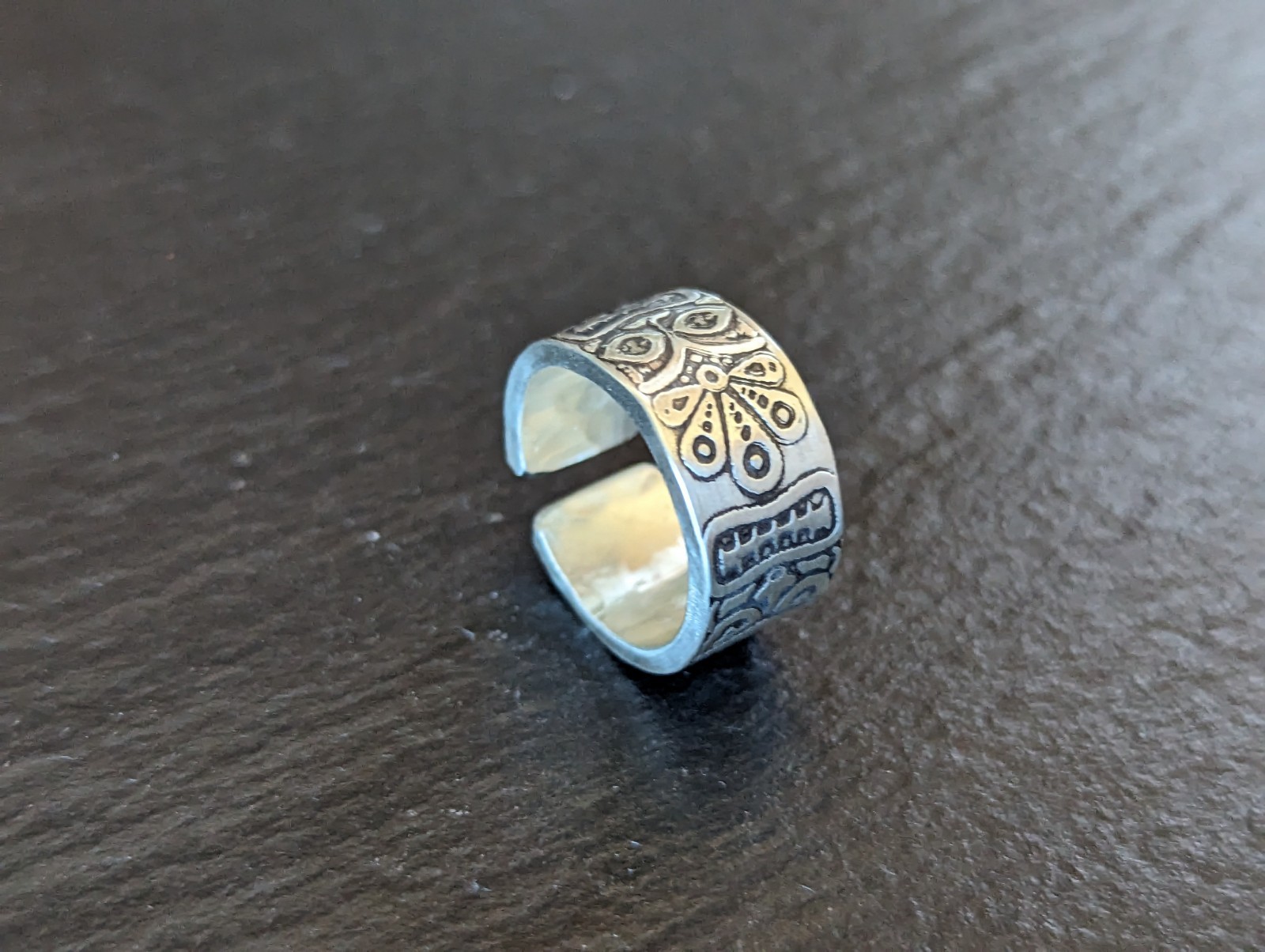 Thick sterling silver ring with tiki gods - handmade - open design