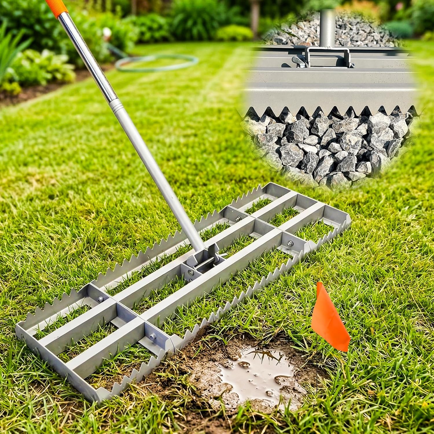 Lawn Leveling Rake 2.0, 2-In-1 Double-Sided Landscape Leveler with 20 Marking Fl