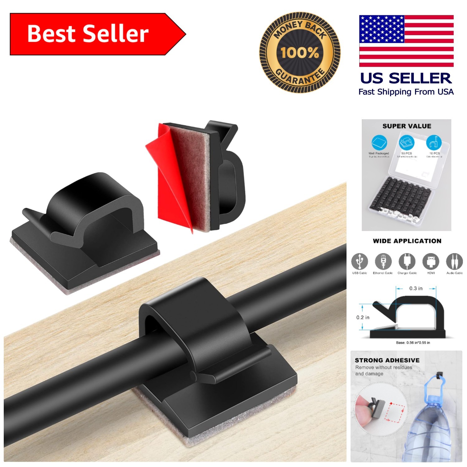 Eco-Friendly Adhesive Cable Clips - 60 PCS for Home and Office Organization