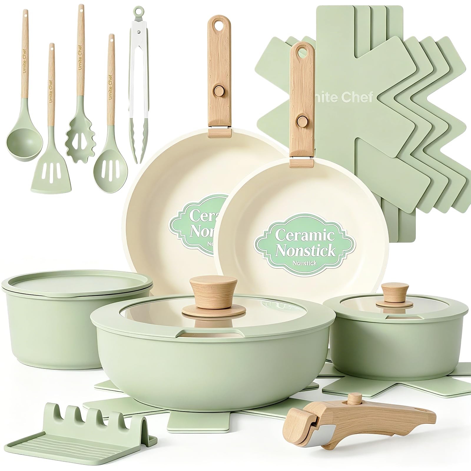 Umite Chef Non Stick Pots and Pans Set, 21 Pcs Ceramic Large, Saga Green